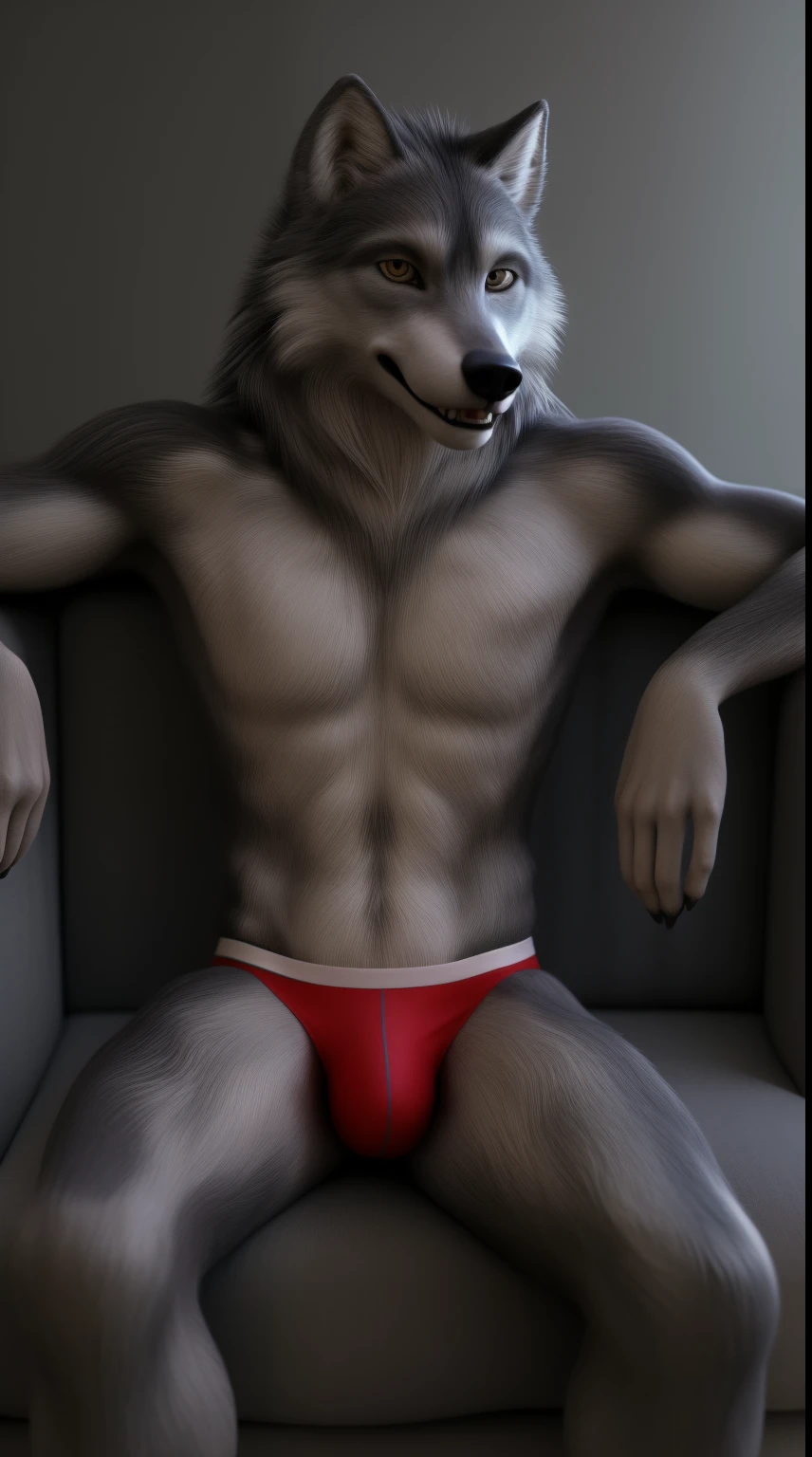 An alone furry wolf character sitting on the sofa wearing sensual underwear looking at the viewer perverted expression on his face full body ultra realistic digital art in 3D full HD super high resolution
