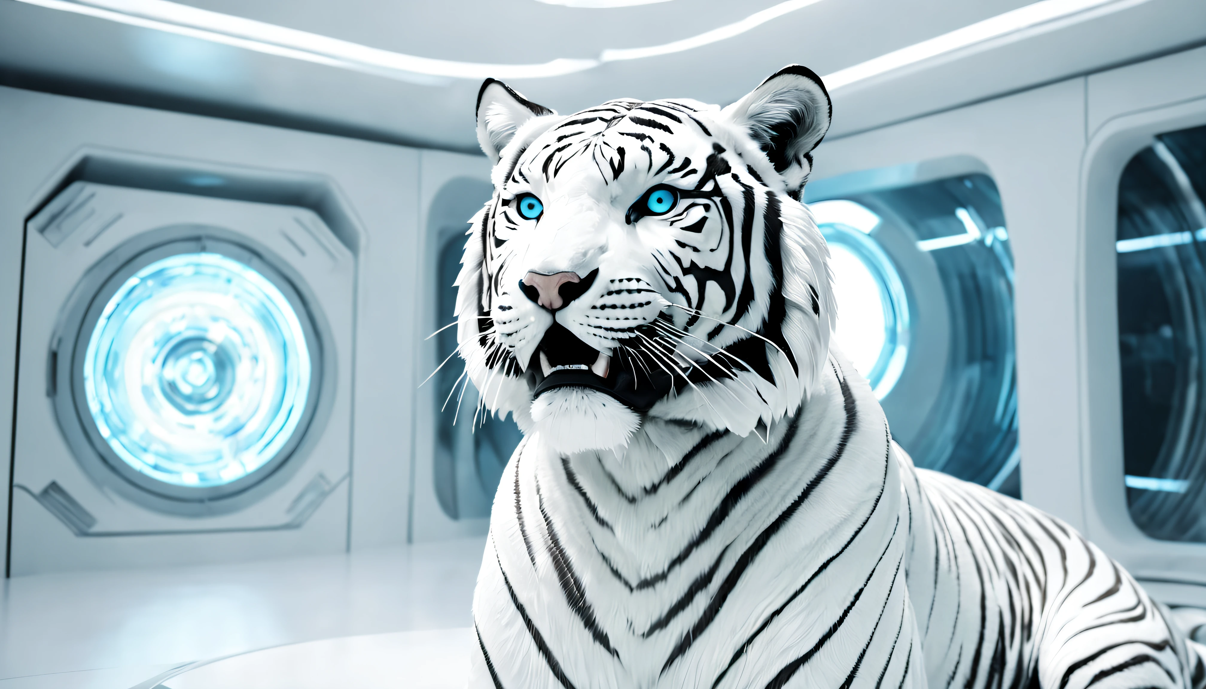 (Best quality at best,4K,Super quality,very refined,super complex,tmasterpiece),(( A white tiger)),(Correct anatomy),Clear facial features,White futuristic style interior design space,Sense of speed