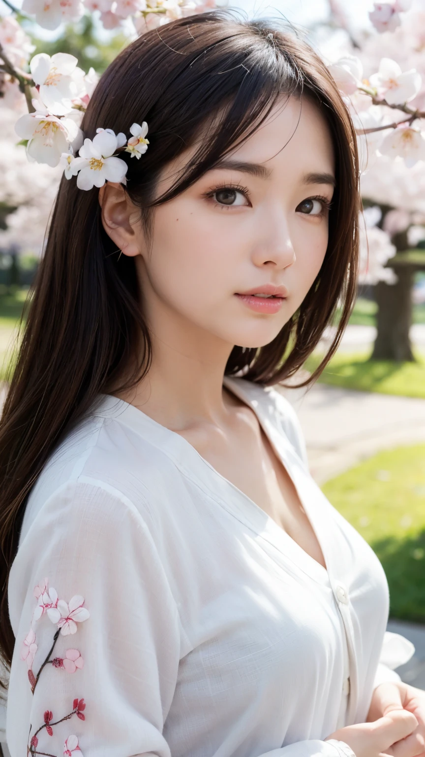 (A logo、masterpiece、8K、masutepiece、Raw photo、Fantastic、Best Quality、Photorealistic、extremely detailed CG unified 8k wallpaper、hightquality、ighly detailed、epic poem、Particle effect、Dynamic effects、depth of fields、Cinematic Light、Lens Flare、Ray tracing)、Fantasia、 (Beauty 1 person、White Japanese Clothing、Japanese dress、White cherry blossom pattern、White cherry blossom embroidery pattern、A dark-haired、Beautiful face、Real Face、Beautiful detail eyes、Beautiful skin)、Hair flutters in the wind、Hair jumps、Pink cherry blossom tree、Petals flutter、Sakura blizzard、Superb view、morning glow、Sun in the background、the wind、Deities、tusk、myth、Vast Land、