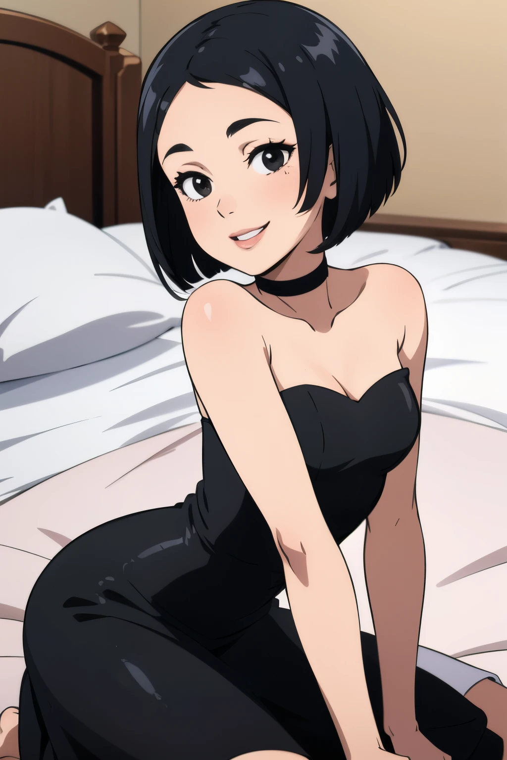 1 girl, teenage, black hair, short black hair, medium hair, bob hair, black eyes, little black dress, strapless dress, short bodycon dress, skin-tight dress, smile, black choker, bedroom, lying in bed, sexy pose, pinup, masterpiece, high quality.