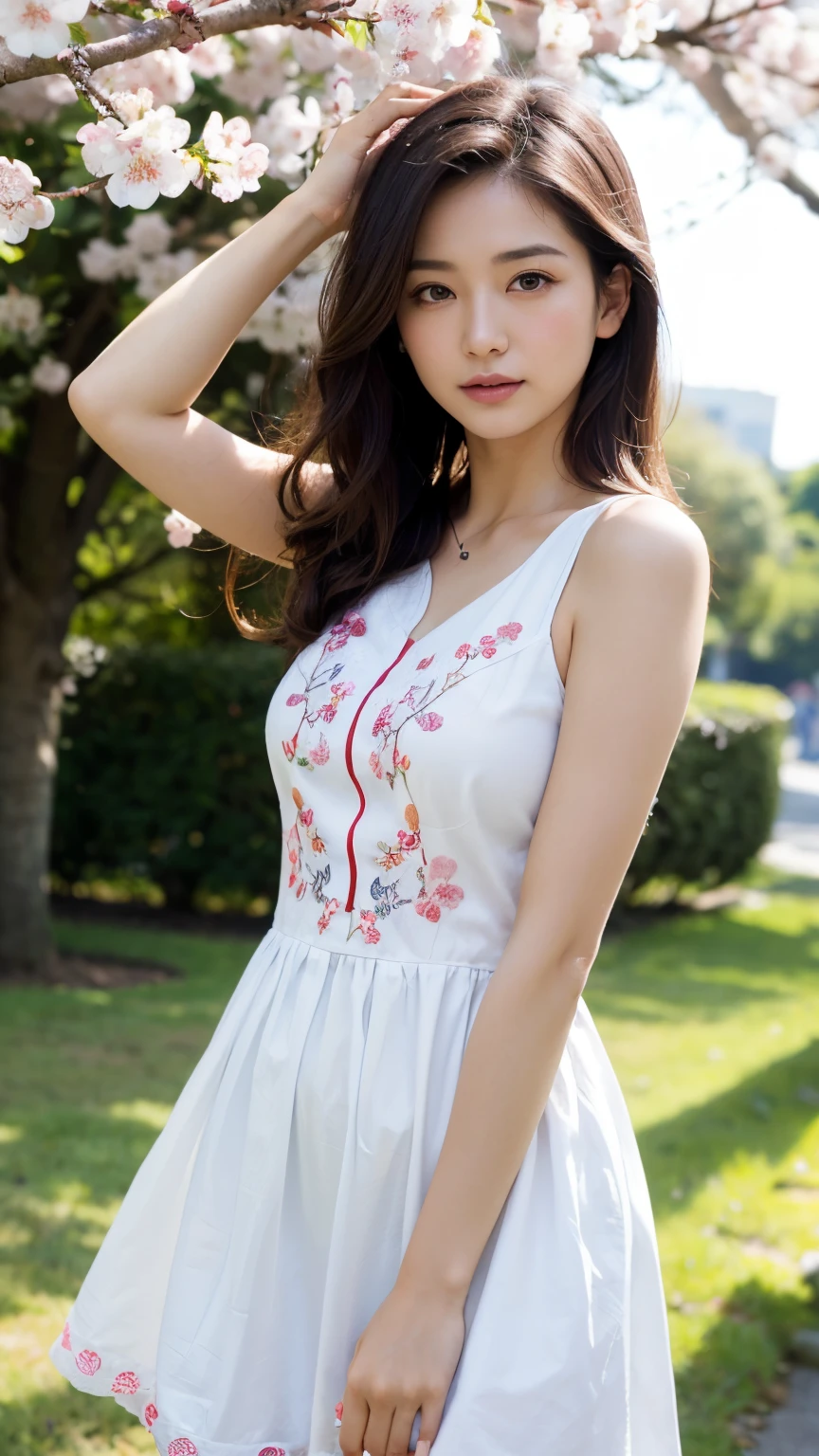 (A logo、masterpiece、8K、masutepiece、Raw photo、Fantastic、Best Quality、Photorealistic、extremely detailed CG unified 8k wallpaper、hightquality、ighly detailed、epic poem、Particle effect、Dynamic effects、depth of fields、Cinematic Light、Lens Flare、Ray tracing)、Fantasia、 (Beauty 1 person、White Japanese Clothing、Japanese dress、White cherry blossom pattern、White cherry blossom embroidery pattern、A dark-haired、Beautiful face、Real Face、Beautiful detail eyes、Beautiful skin)、Hair flutters in the wind、Hair jumps、Pink cherry blossom tree、Petals flutter、Sakura blizzard、Superb view、morning glow、Sun in the background、the wind、Deities、tusk、myth、Vast Land、