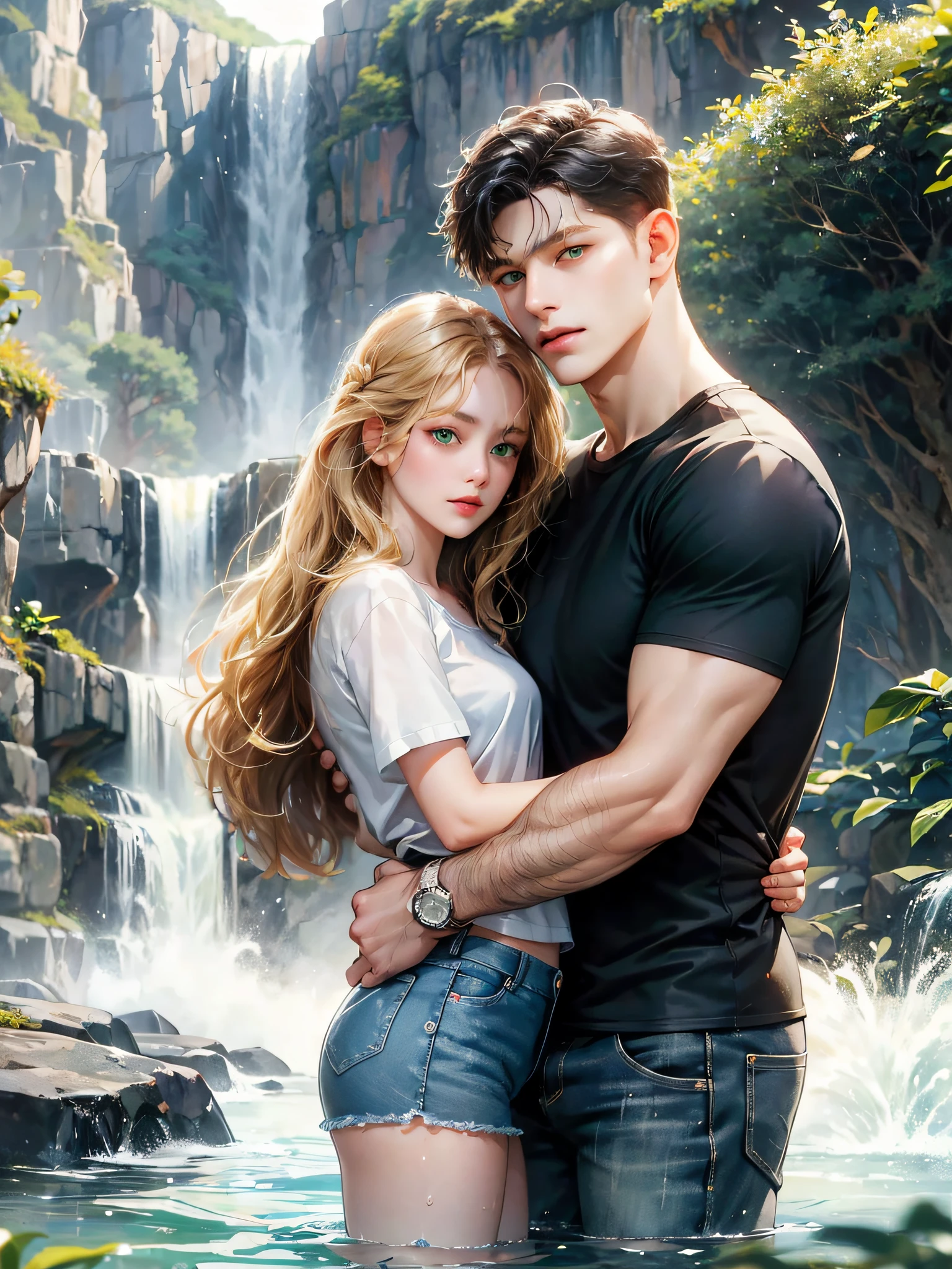 The girl has long wavy blonde hair, no bangs