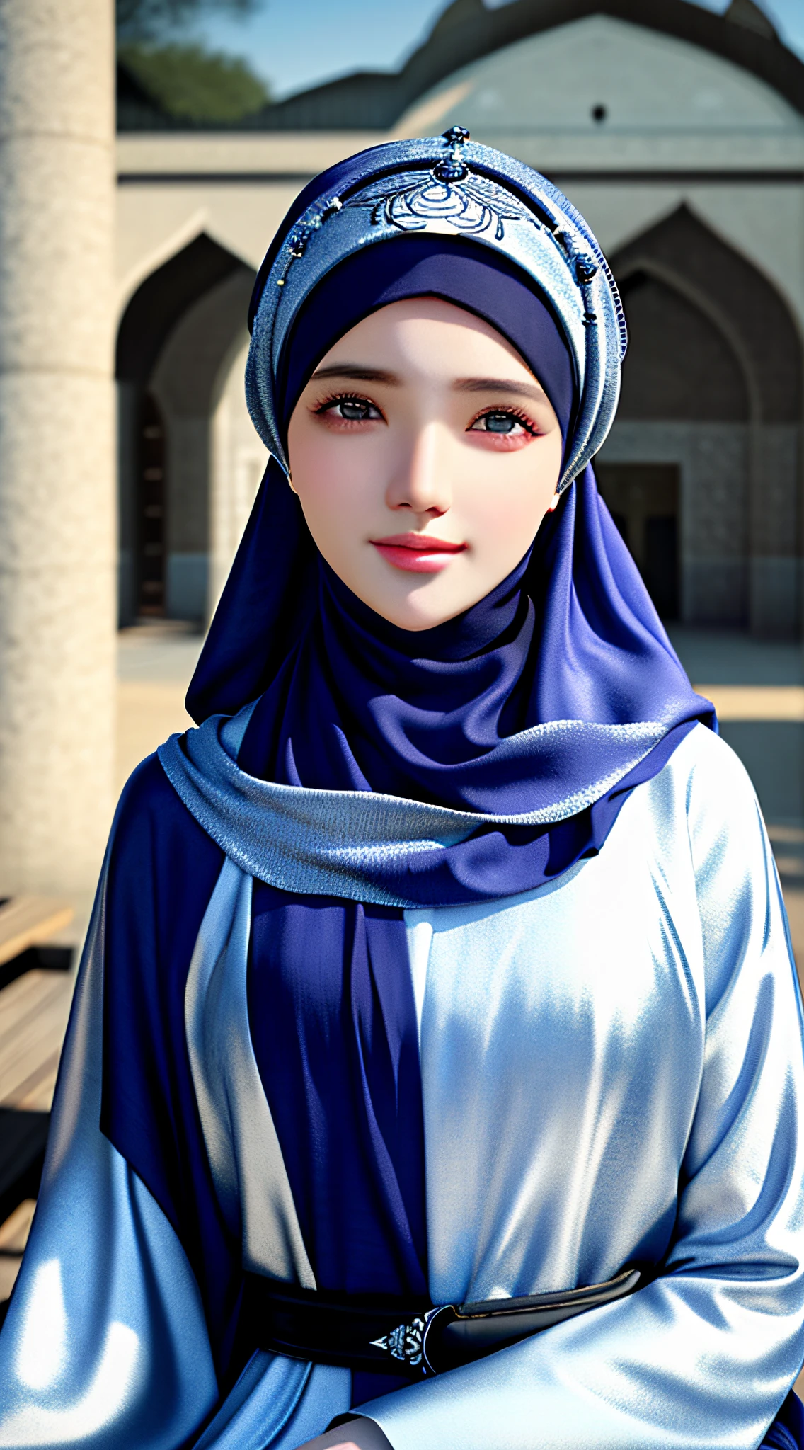 1girl, solo, beautiful face, high detailed realistic eyes, double eyelids, high detailed realistic pupils, (upon body from head to waist:1.36), (wearing hijab:1.37), (moslem headscarf:1.37), reading glasses, sitting alone on a long chair, amazing mosque park background, taj mahal, best quality, masterpiece, highres, black and white moslem female dress, Beautiful face, (upon body from head to waist:1.35), tyndall effect, photorealistic, dark studio, two tone lighting, 8k uhd, dslr, soft lighting, high quality, volumetric lighting, candid, Photograph, high resolution, 4k, 8k, Bokeh, (hyperrealistic girl), (illustration), (high resolution), (extremely detailed), (best illustration), (beautiful detailed eyes), (best quality), (ultra-detailed), (masterpiece), (wallpaper), (photorealistic), (natural light), (rim lighting), (detailed face), (high detailed realistic skin face texture), (anatomically correct), (heterochromic eyes), (detailed eyes), (sparkling eyes), (dynamic pose), (hair completely covered by the hijab:1.35), looking to viewer