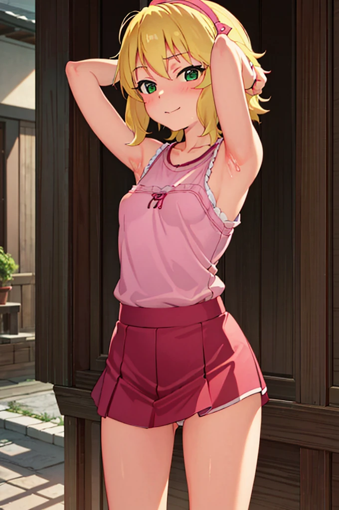 masterpiece, best quality, highres, Sakurai Momoka, 1girl, solo, busty, small breasts, blond hair, bob hair, sport bra, short skirt, looking at viewer, full body, standing, simple background, (erotic pose:1.4), blush, flustered, (panties exposed:1.3), ((arms behind head, double armpits, standing)), Half body, upper body, In the middle, symmetrical,