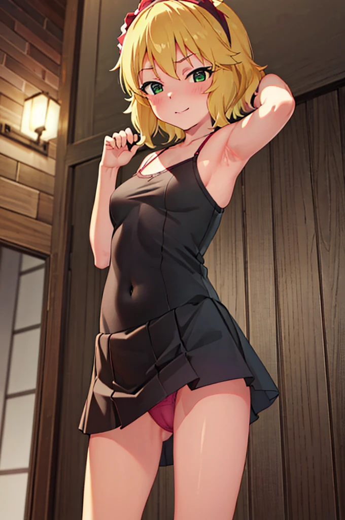 masterpiece, best quality, highres, Sakurai Momoka, 1girl, solo, busty, small breasts, blond hair, bob hair, sport bra, short skirt, looking at viewer, full body, standing, simple background, (erotic pose:1.4), blush, flustered, (panties exposed:1.3), ((arms behind head, double armpits, standing)), Half body, upper body, In the middle, symmetrical,
