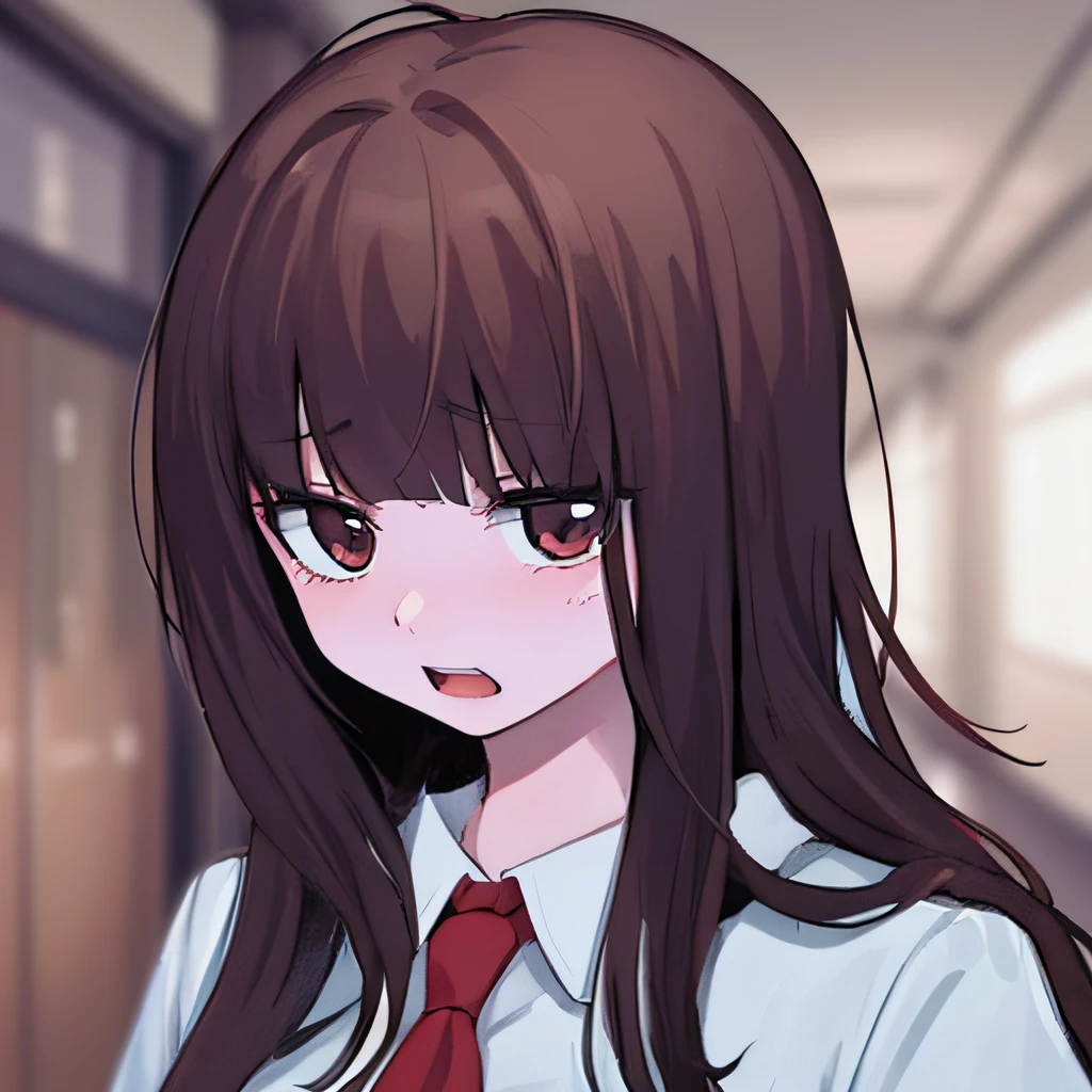 hiquality, tmasterpiece (one girls) opened mouth. loser. brown-hair. brown eye. Embarrassed face. pale skin. school uniform with red tie. Against the background of the school corridor.