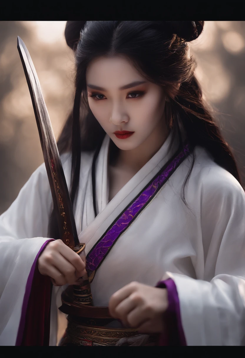 ancient chinese fantasy,femele,Long sword in hand,The long sword has a totem pattern,Black flames in the background,Wearing a white ancient Chinese robe,bust,The eyes are purple,