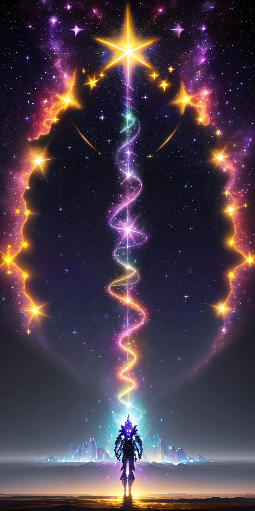 (Starlight Art:1.5),Dreams of happiness,Bright starlight,bismuth,is very beautiful,inspiring,Iridescent,Suggestive digital art,lavishly decorated,Bio-luminescence,ellegance,Picturesque,hyper-detailing,Exquisite;复杂、surreal concept art,aesthetics,Fluency,complex abstract starry sky,professional,tmasterpiece,8K,UHD resolution,Best quality,Epic surrealism,epic happy fantasy,epic starlight art,Epic future science fiction art,Epic starlight digital illustration
