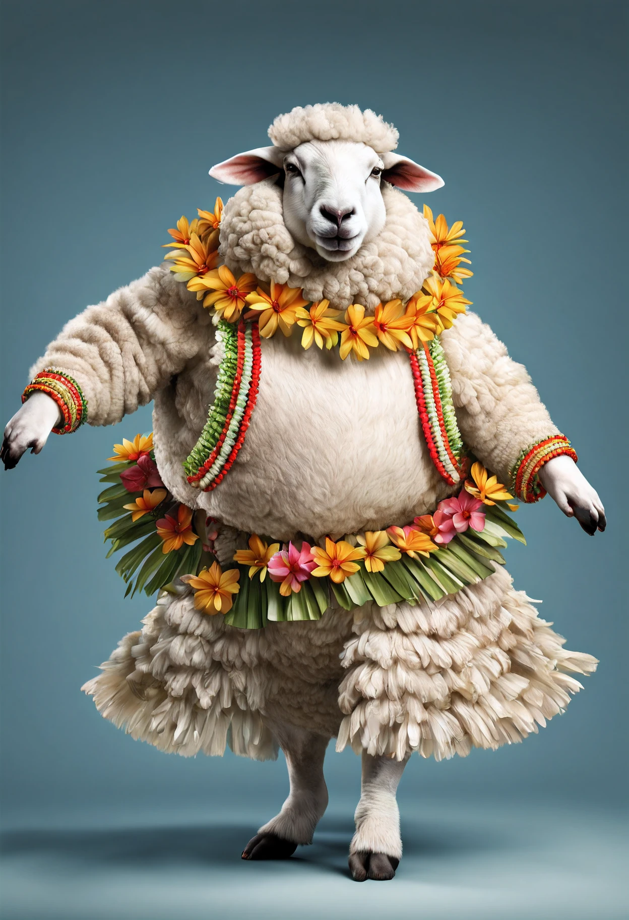photorealistic portrait of Dressed animals - a fat sheep hula dancer,(dancing), high quality,(lovely) intricate details highly detailed hula costume ,flower lay, studio lighting,(full body image:1.5)