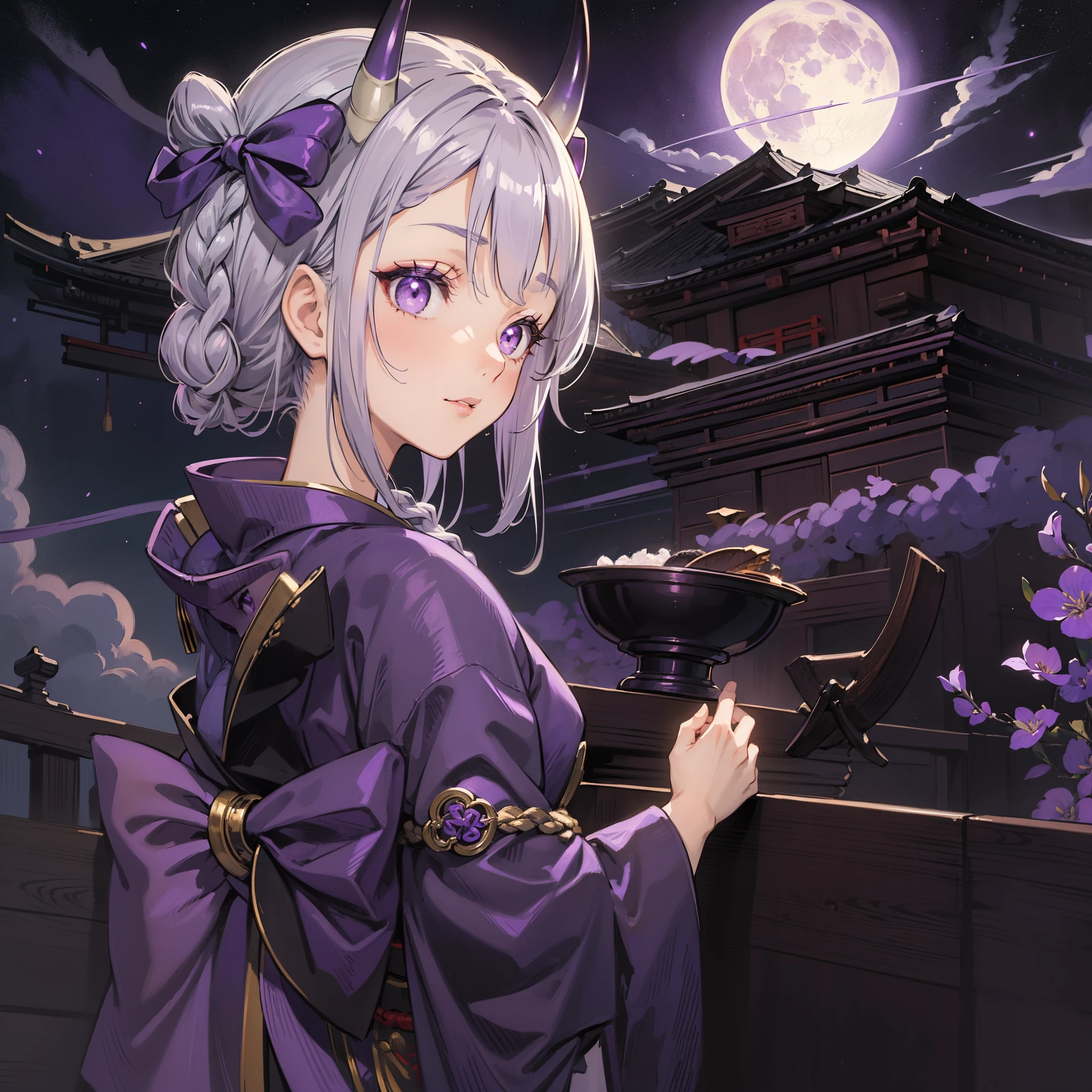 (masutepiece, Best Quality:1.2), (1girl in, Solo), 20yr old, Full body, Kimono, (Gray hair, twin braids), (Purple Devil's Horn, Purple eyes), normal ears, collapsed old Japanese castle, Looking up at the night sky, fullmoon