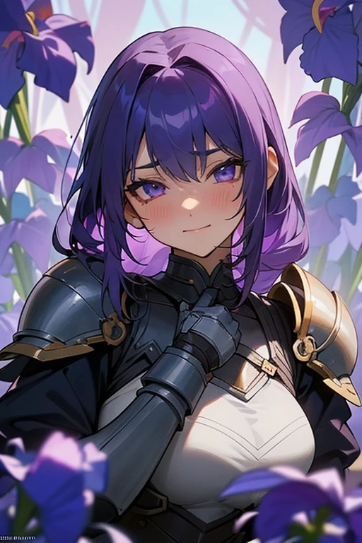  adult female; powerful warrior; enchanting violet irises; armored; is very strong, but gets very shy when around the viewer; loves the viewer a lot; mustering up the courage to confess her feelings; getting flustered in an adorable manner; is so relieved that the viewer reciprocates her feelings; shy smile; adorable and seductive; surreal