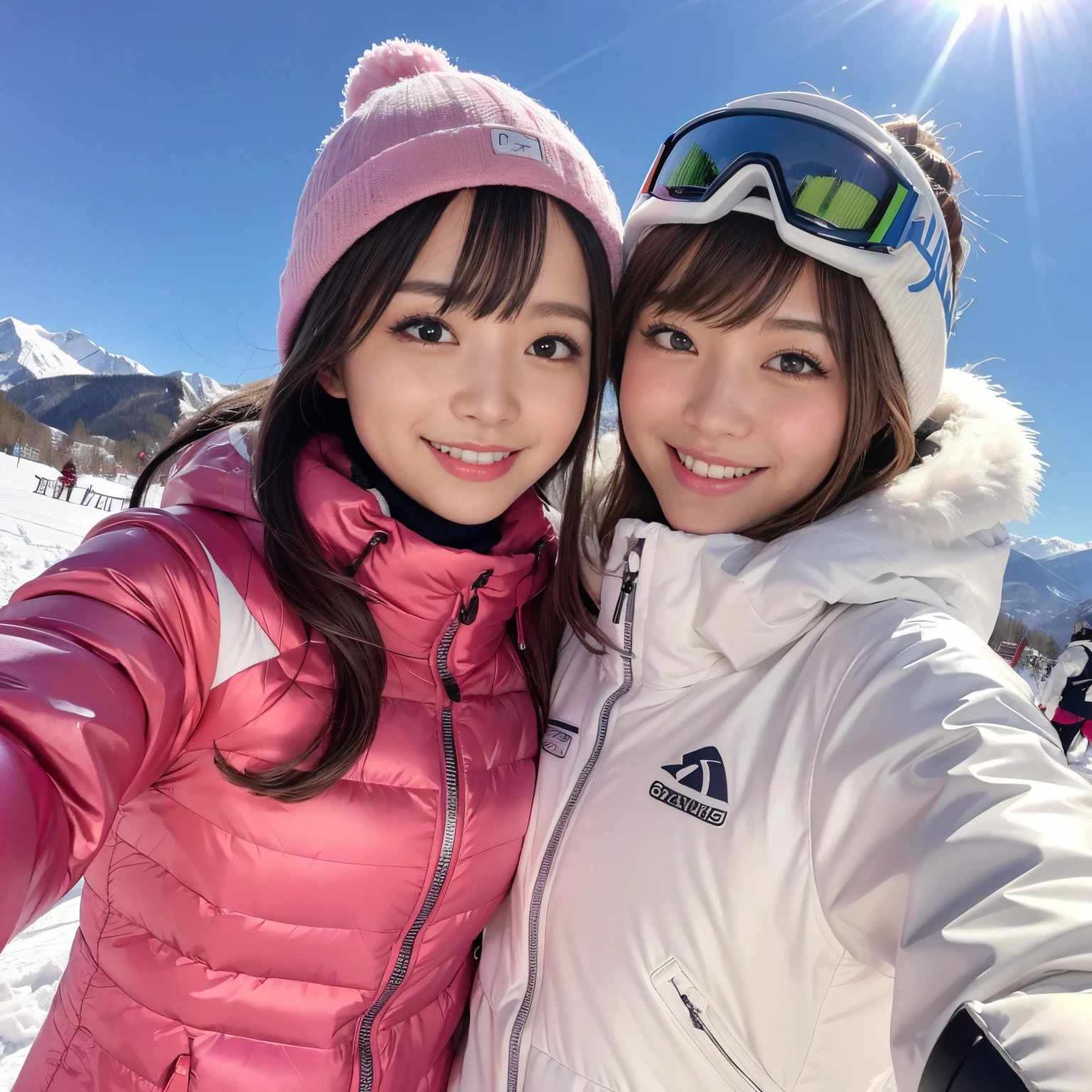 ((Best Quality, masutepiece, 超A high resolution))、女の子1人、Ski Gloves、(Pink and white ski wear:1.2)、(perfect ski wear:1.3)、cowboy  shot、the biggest smile when you look at me、large full breasts、snowscape、rays of sunshine、The background is a ski resort、perfect and detailed ski area、(accurate anatomy:1.2、(1 photo:1.2)