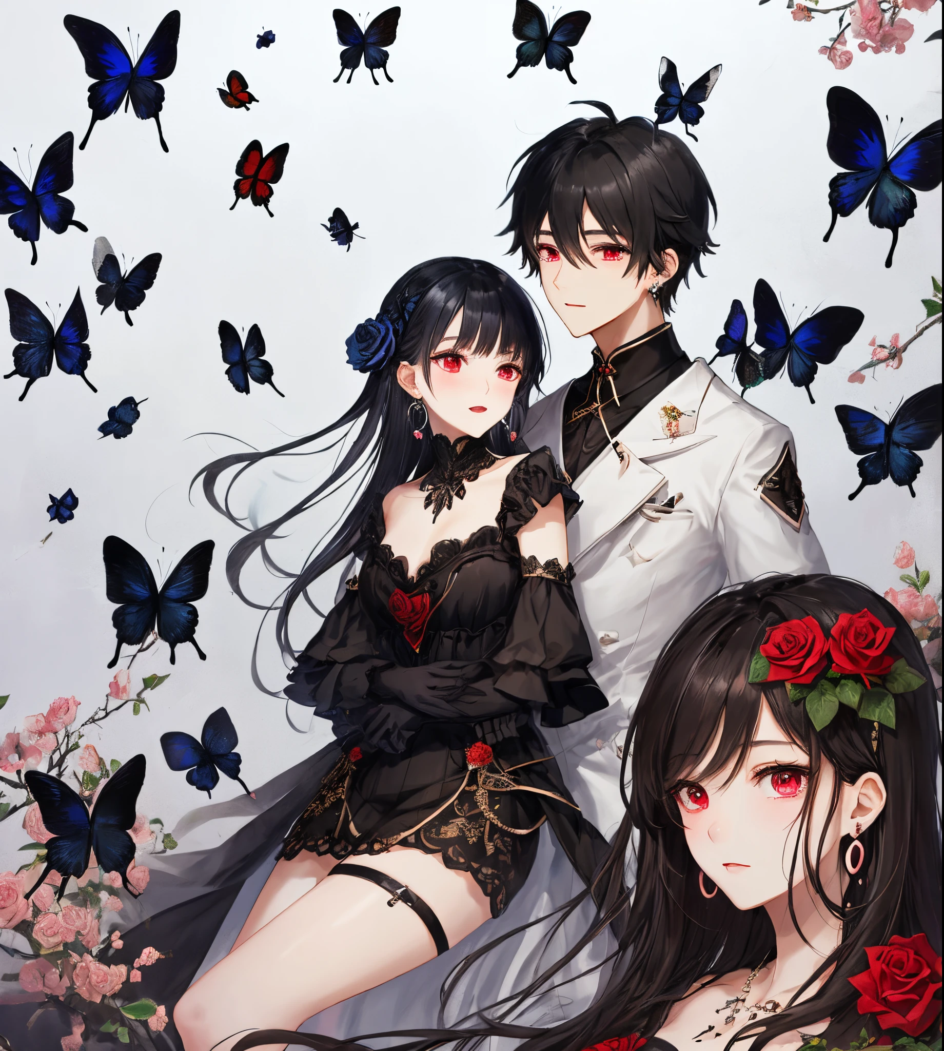 Rose male black costume butterfly々 earrings red eyes black hair