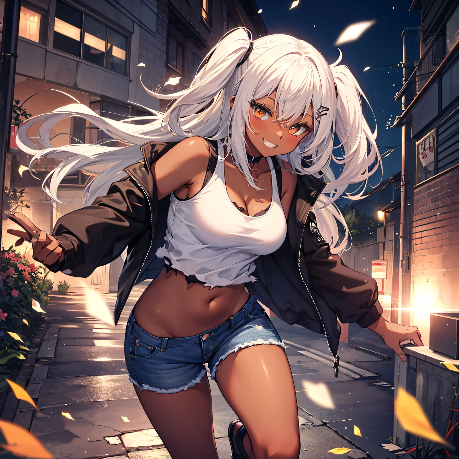 Solo during daytime {{{Brown skin}}}, ((masutepiece)), ((Best Quality)), (Ultra-detailed), ((kawaii)), silber hair Orange Eyes, Two side up straight hair white tank tops Torn and frayed blue hot pants Exposed legs Toothy smile sexypose Back alley Buttocks, Big breasts that are about to burst, Smirk, grin, (blush), sparkling effect, Lens Flare, shiny-glistening, glossy and glamorous Side Angle, Dark skin, Black jacket Combat stance