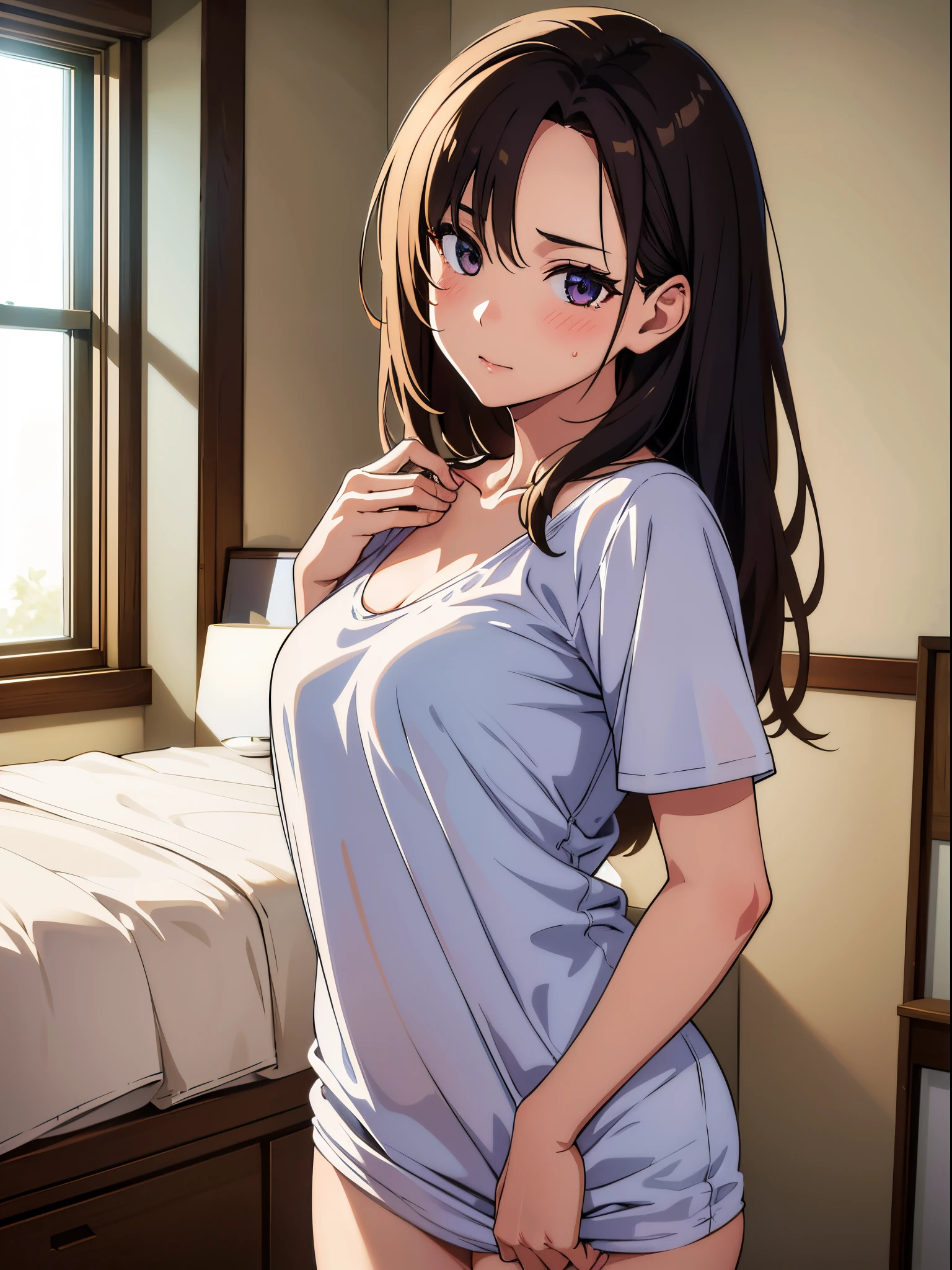 (highest resolution, distinct_image) The best quality, a woman, masterpiece, highly detailed, semi realistic, 21 years old, cute, young, beautiful, naked oversized t-shirt, shirt tug, collar on neck, indoors, modern bedroom, window, waking up, morning, blushing