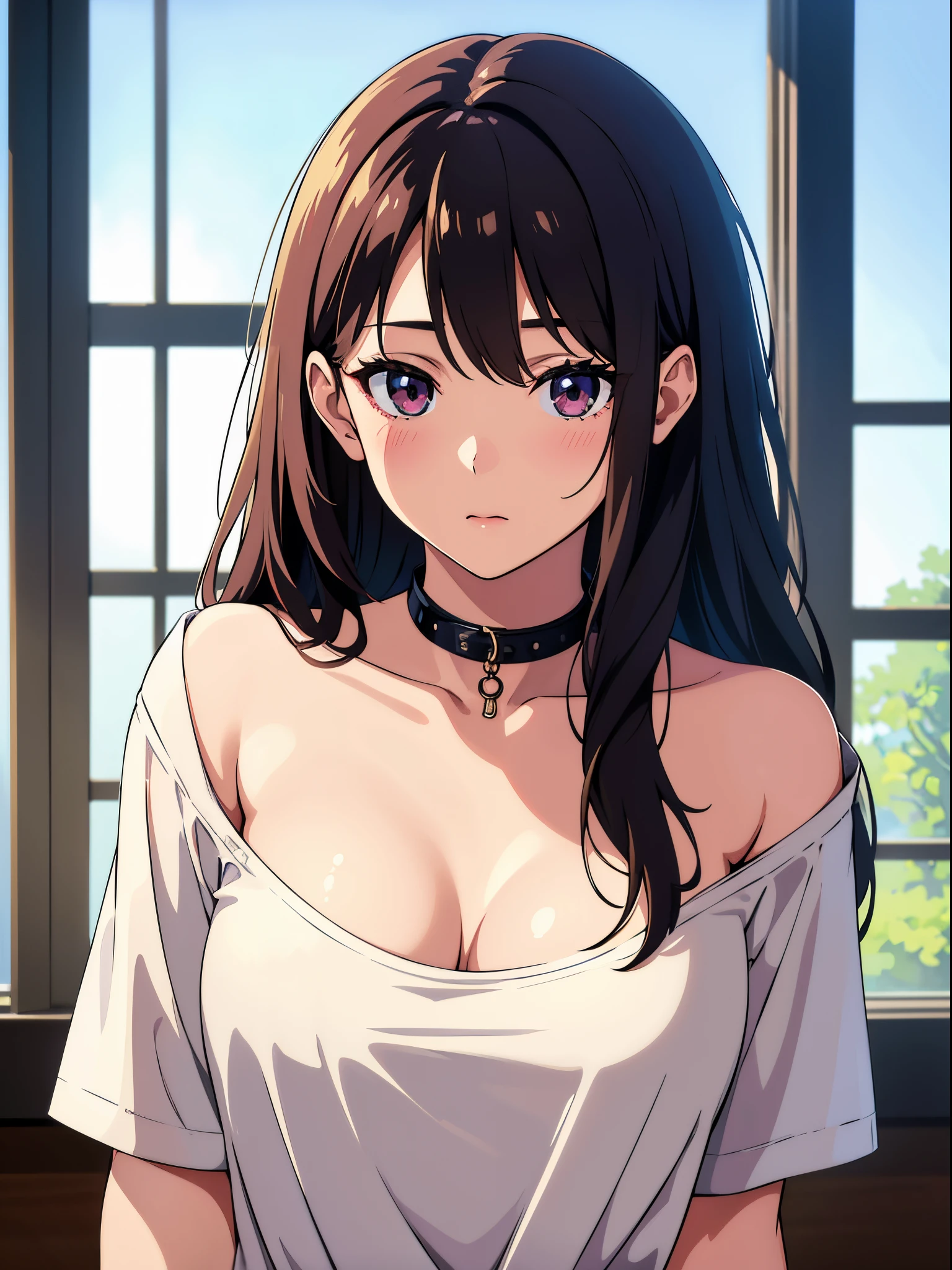 (highest resolution, distinct_image) The best quality, a woman, masterpiece, highly detailed, semi realistic, 21 years old, cute, young, beautiful, naked oversized t-shirt, shirt tug, collar on neck, indoors, modern bedroom, window, waking up, morning, blushing