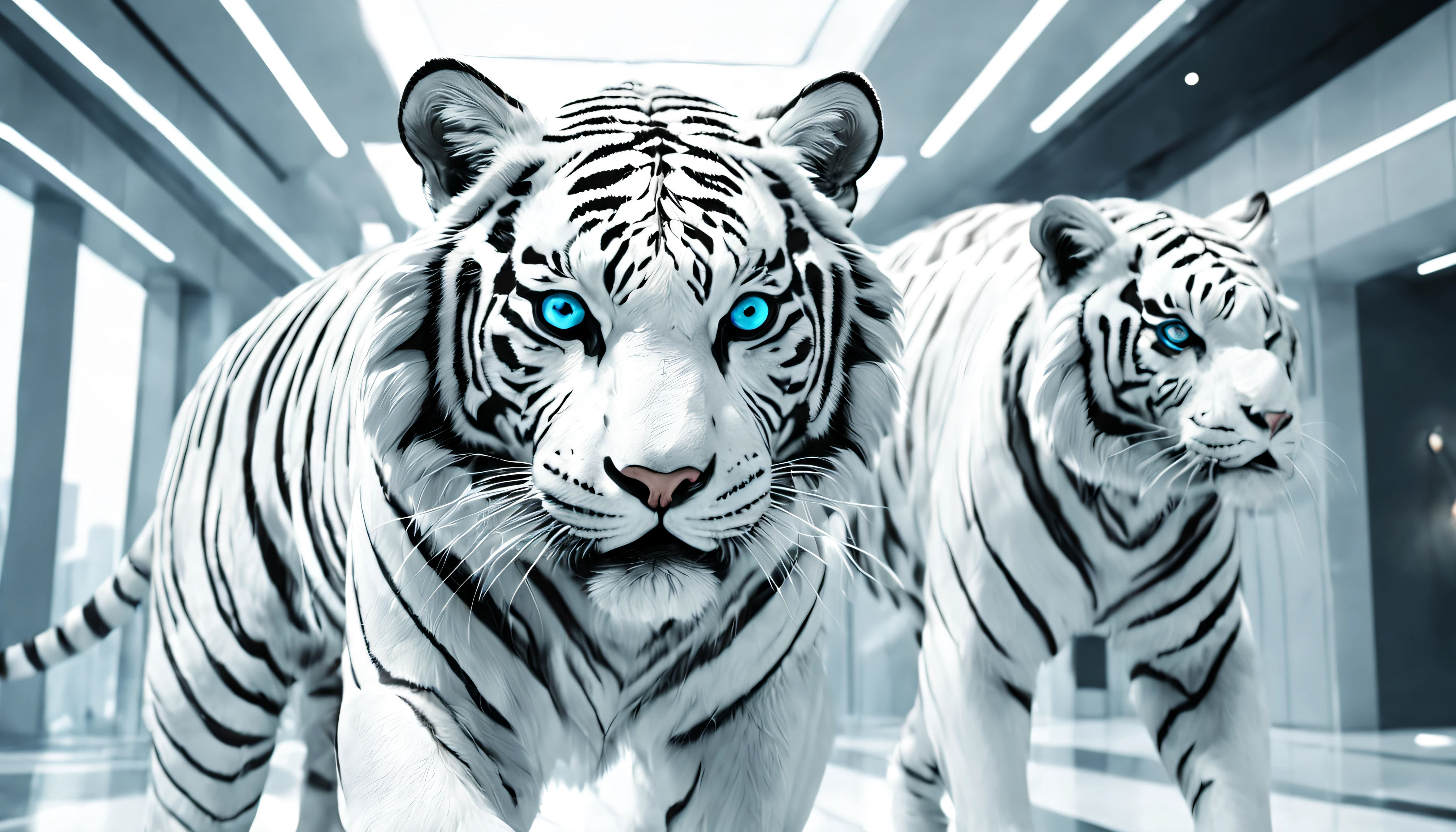 (Best quality,4K，Super quality，very refined，super complex，tmasterpiece),(( A white tiger))，(Correct anatomy)，Clear facial features，White futuristic style interior design space，Sense of speed