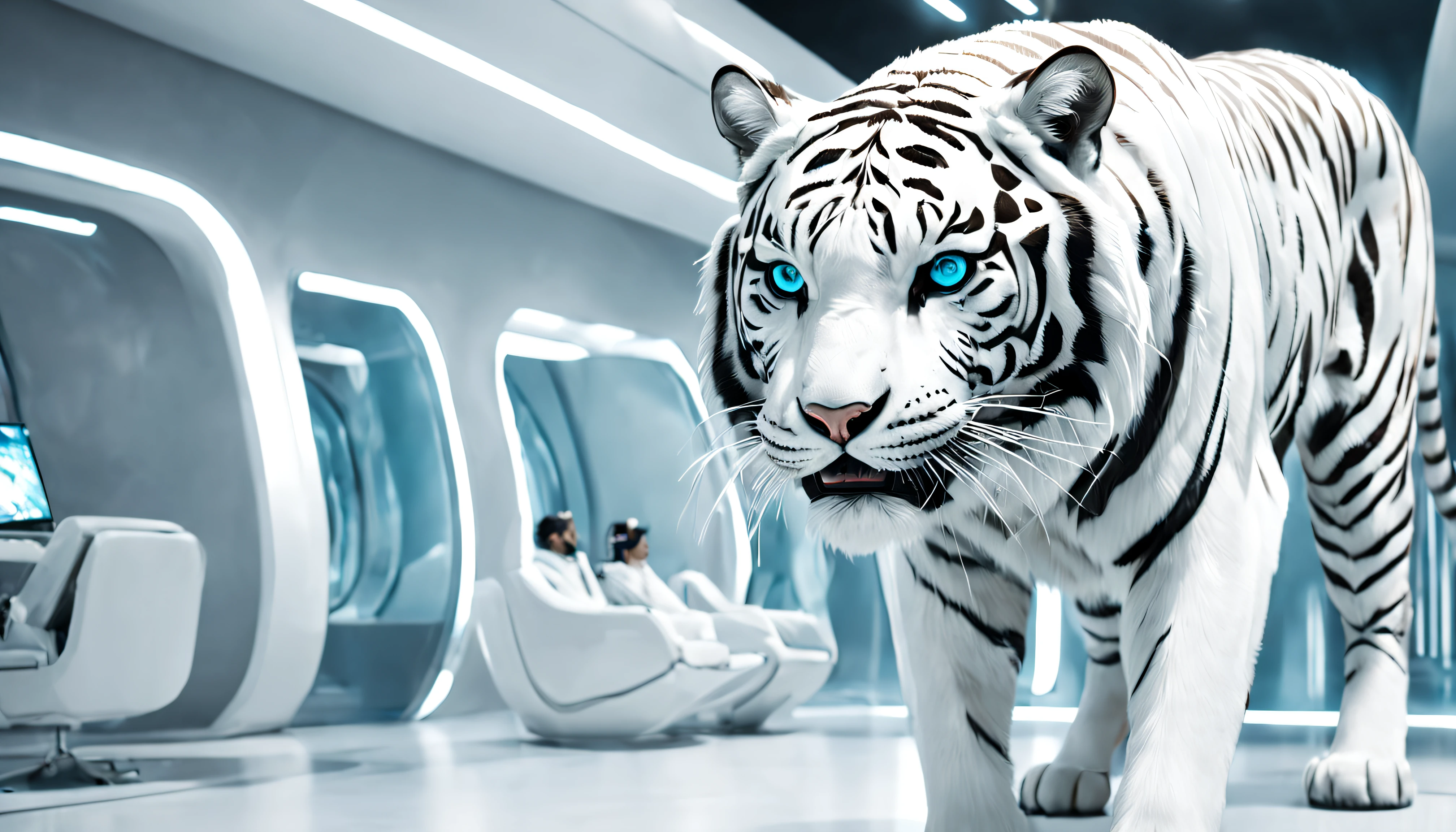 (Best quality,4K，Super quality，very refined，super complex，tmasterpiece),(( A white tiger))，(Correct anatomy)，Clear facial features，White futuristic style interior design space，Sense of speed