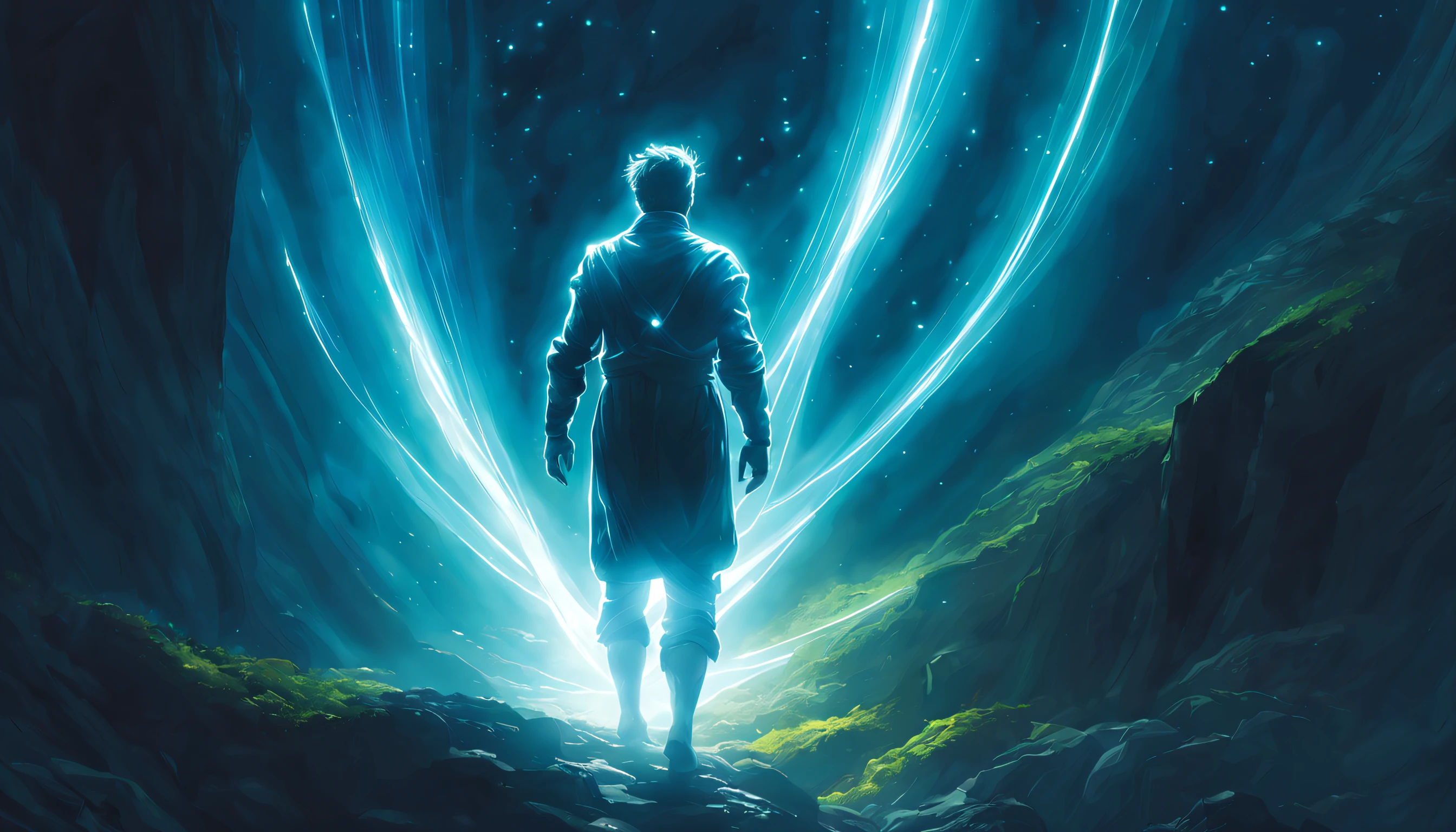 far distant man in a bright glowing aura of light, ascension, UHD, by Aleksi Briclot and Alessio Albi and Alexandre Cabanel, unzoom