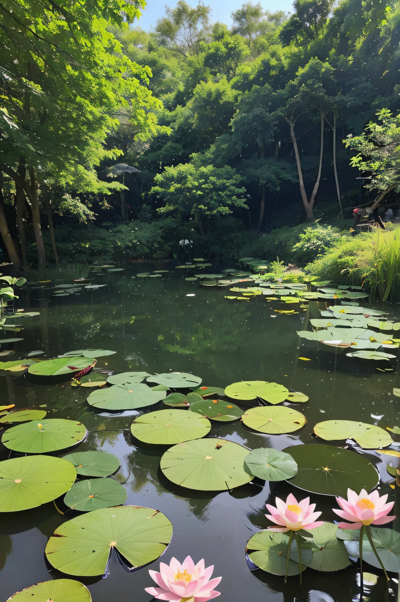 The meandering lotus pond above, What catches the eye are the leaves of the fields。High leaf yield, Like a pavilion dancer's skirt。in the middle of the leaves, Scattered white flowers, Open, You Duo'er's shy beating;like a pearl, Another example is the stars in the blue sky, Another example is a beautiful woman who just took a shower。A gentle breeze passed by, Send wisps of fragrance, There seems to be faint singing coming from the tall buildings in the distance。By this time, The leaves and flowers also tremble, Like lightning, instantly, It passes by the lotus pond。The leaves were originally close together, shoulder to shoulder, it's like a blue wave。Under the leaves are veins of water, Covered with, Some colors cannot be seen;And the leaves are blown by the wind。