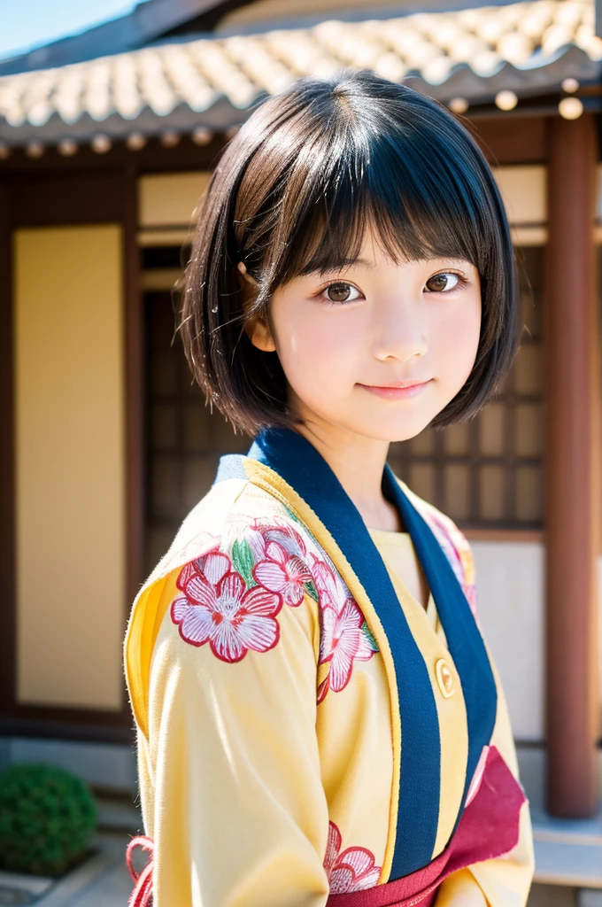 Elementary school girl with long black hair wearing a white kimono and black hakama