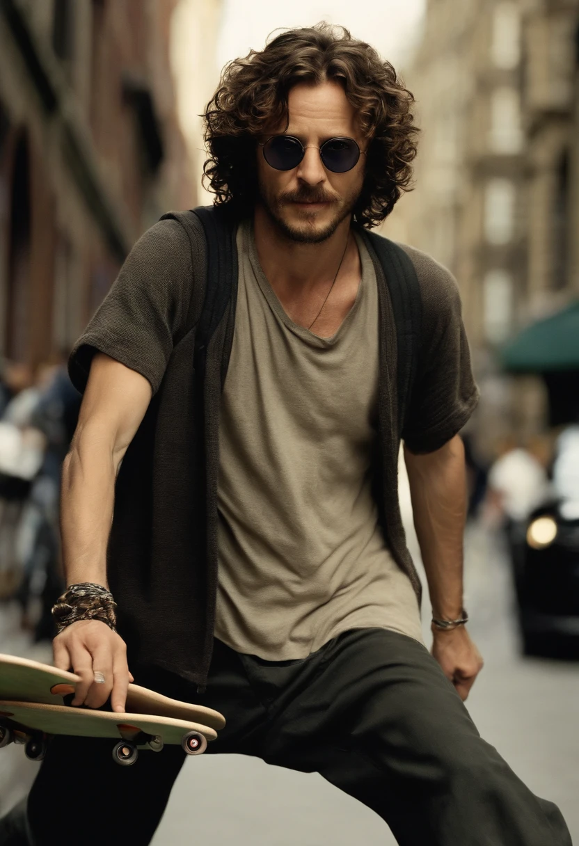 A photo of Sirius riding a skateboard down a busy city street, dodging pedestrians and cars,Harry Potter and the Prisoner of Azkaban,Sirius Black is tall, with shaggy curly brown hair, has a goatee. Has tattoos over his body. Famously portrayed by Gary Oldman, male