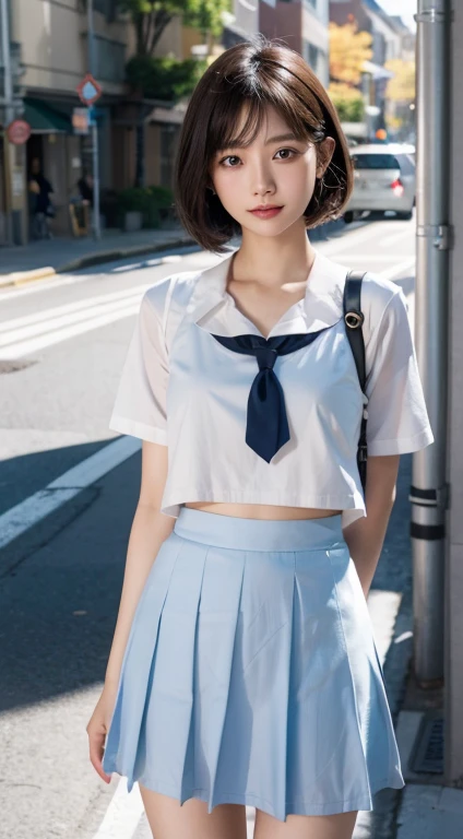 short detailed hair、bluntbangs、ssmile、(((high school senior)))，Wear the school uniform，flower  sea，Background in the street，Realistic skin texture，Normal face details，Requires body proportion and structural coordination，high detal、Verism、cinmatic lighting、Ray traching、pov、kanon、f/2.8、8k、super detailing、acurate、best qualtiy、tmasterpiece、16k、textureskin，hyper-detailing，A high resolution，acurate，UHD