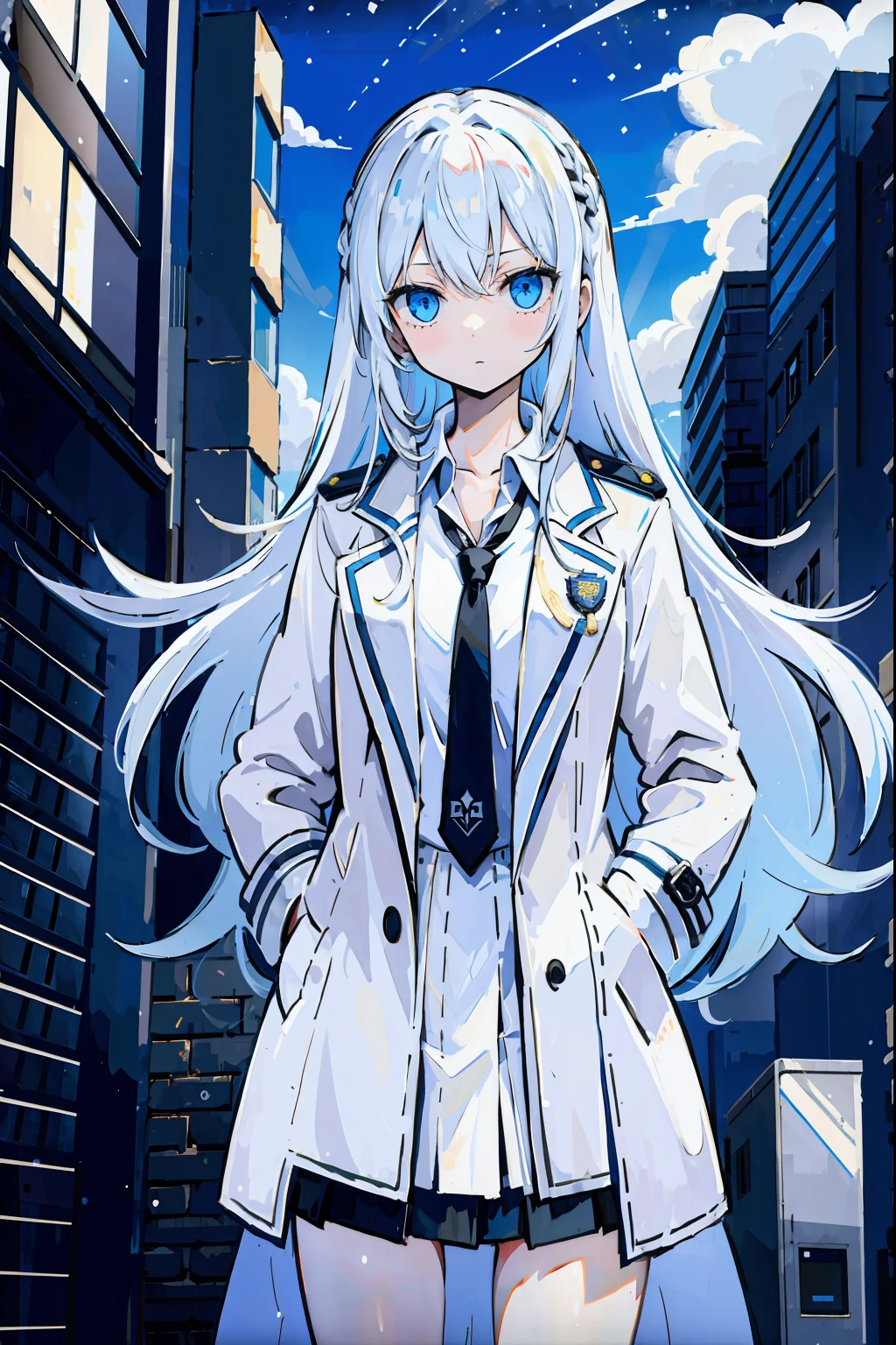 (Masterpiece, Best Quality:1.4), 1girl, white colored hair, extra very long hair, messy  hair, hair above the eyes, blue eyes, (open trench coat, white  shirt, black necktie, upskirt, police badge, black thighs), vending machine, building, (Street, brick wall), exteriors, (night  sky:1.1), Cowboy shot,