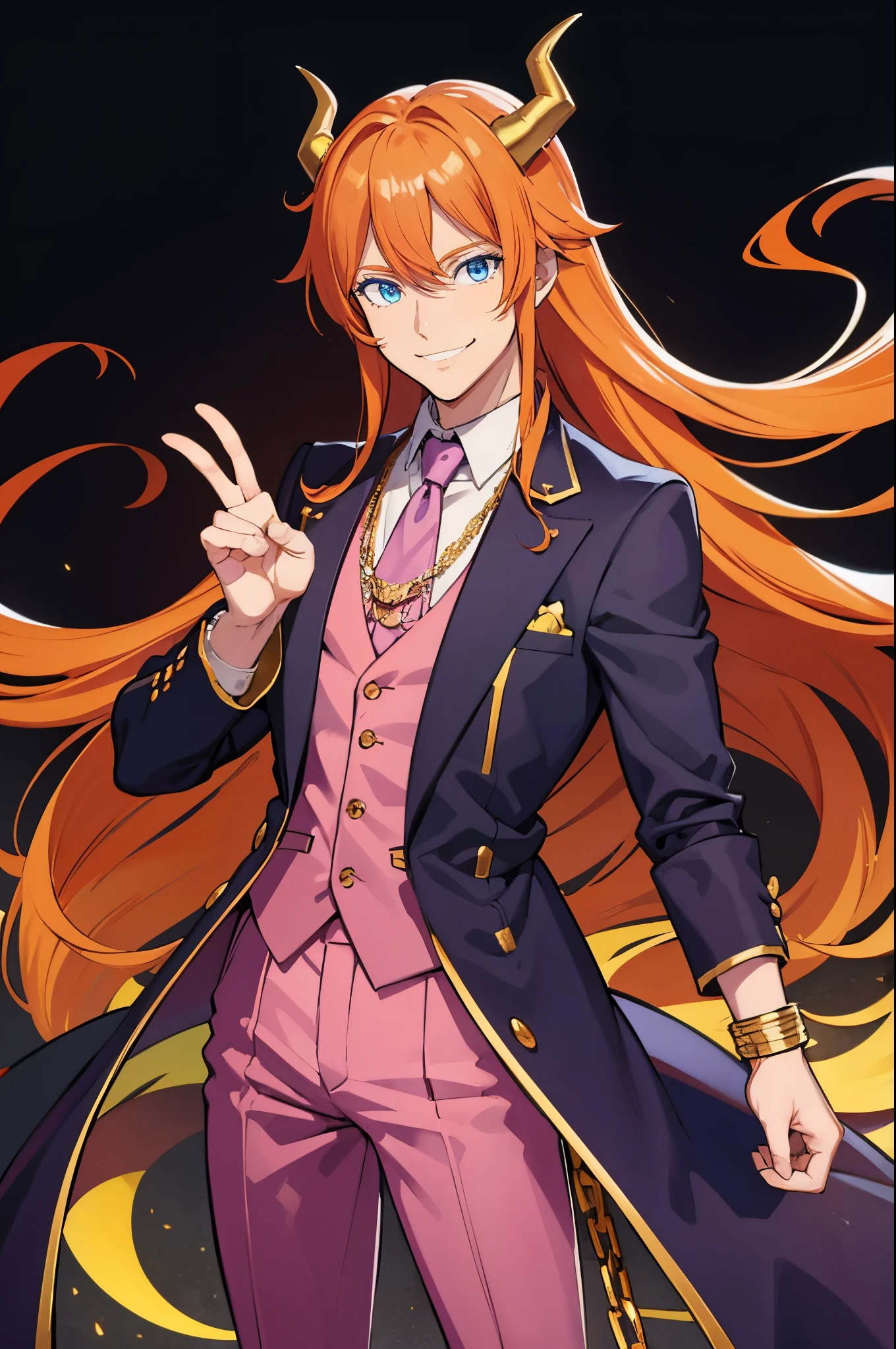 Safe for work, masterpiece, best quality, solo, 1 boy, adult male figure, orange hair, long bright orange hair, long hair, fluffy hair, white background, gold demon horns, fairy tail anime style, rich boy vibes, hot pink pants, pants with chains, pink suit pants, gold details, dark purple compression top, tight purple top, jewelry, bracelets, cocky smile, demon, male figure, adult man, fantasy clothes, gold demon horns, confidence pose, purple tucked in shirt, fancy suit, gold details, chain necklace, purple suit vest