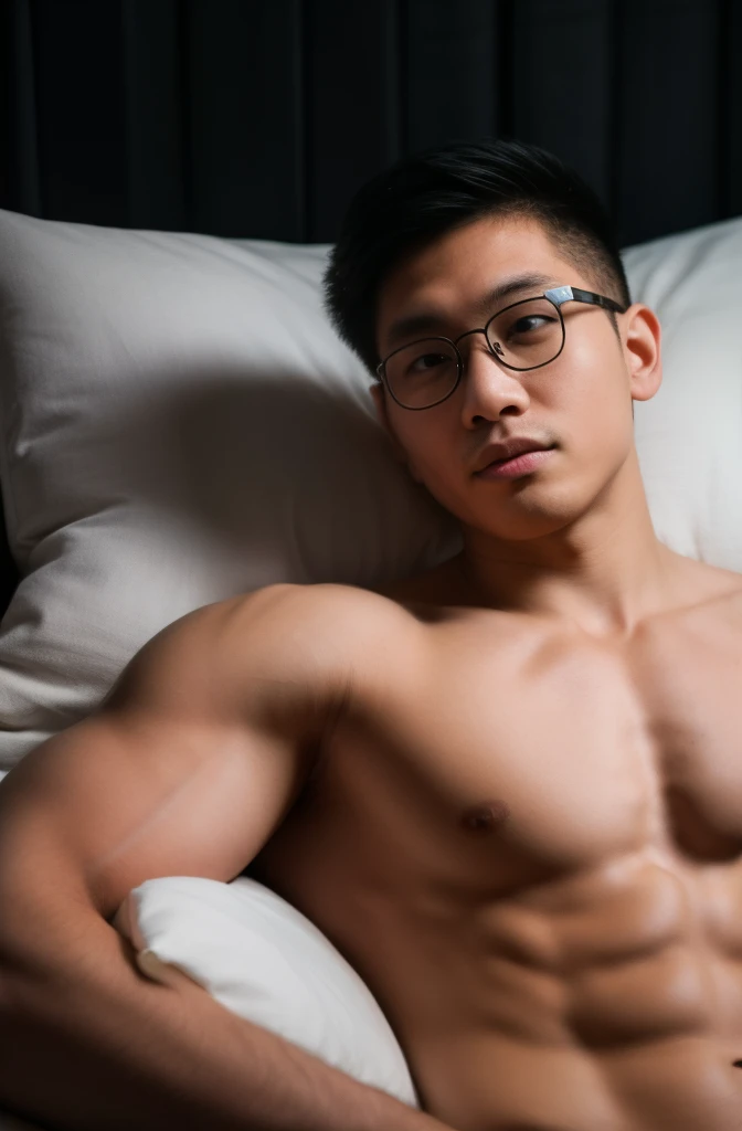 Andrew thomas huang, oval face, eyeglasses, neat muscular, shirtless, head on pillow, dark room