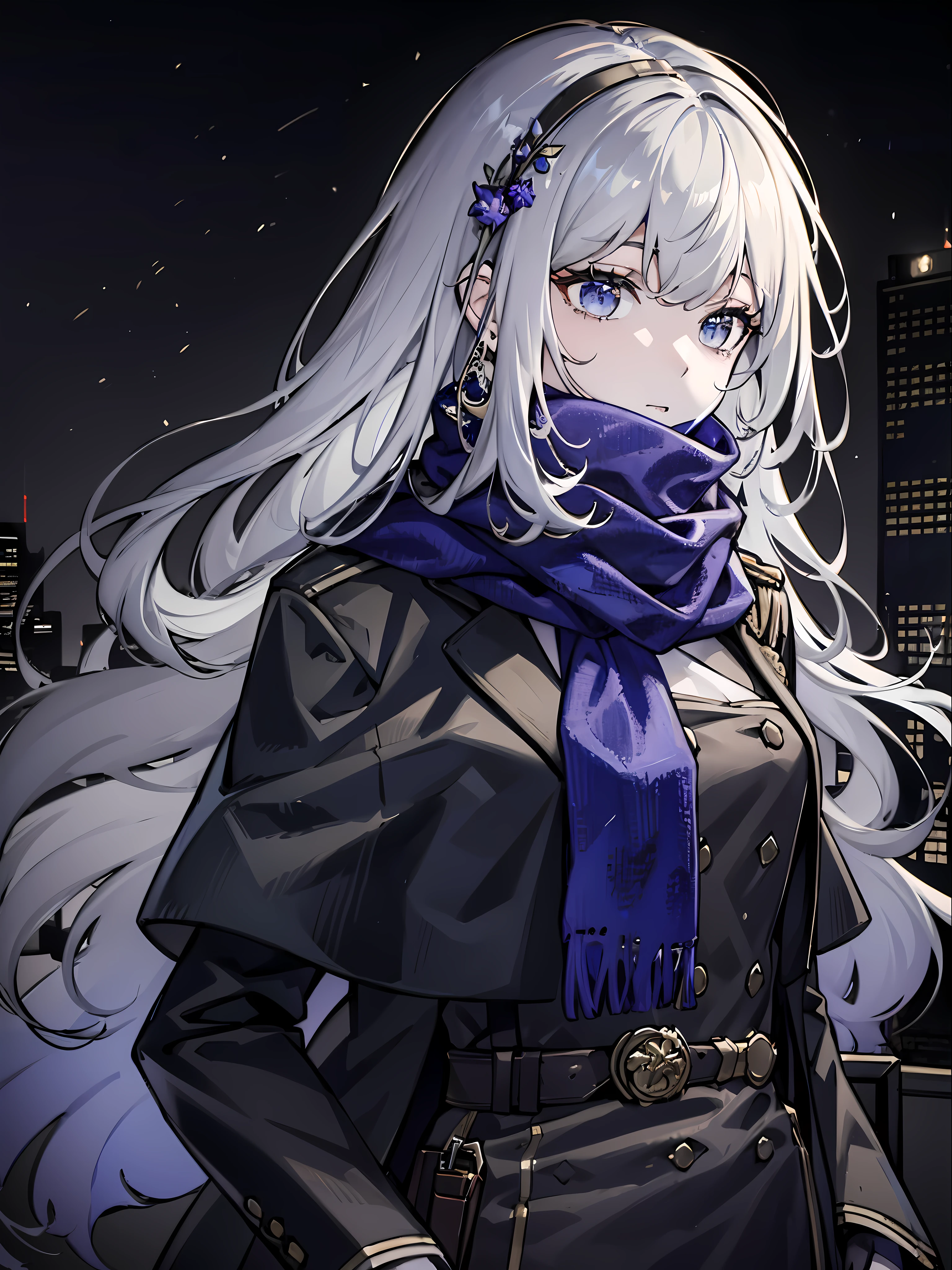 (masterpiece:1.2), (pale skin:1.2), (solo:1.2), (female:1.1), (emphasis lines:1.3), long hair, gray hair, blue scarf, (long black coat), black gloves, (outdoors), handheld transreceiver, (city), night