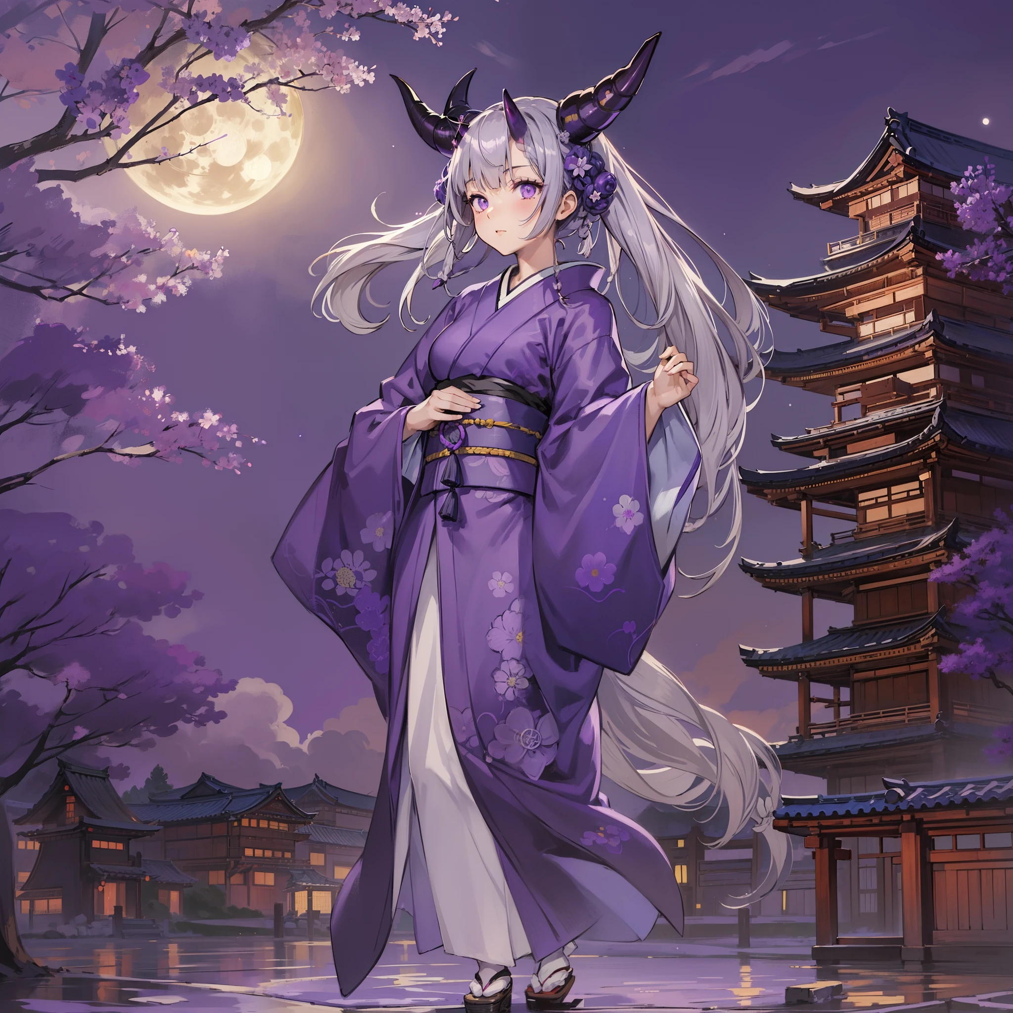(masutepiece, Best Quality:1.2), (1girl in, Solo), 20yr old, Full body, Kimono, (Gray hair, twin braids), (Purple Devil's Horn, Purple eyes), normal ears, collapsed old Japanese castle, Looking up at the night sky, fullmoon