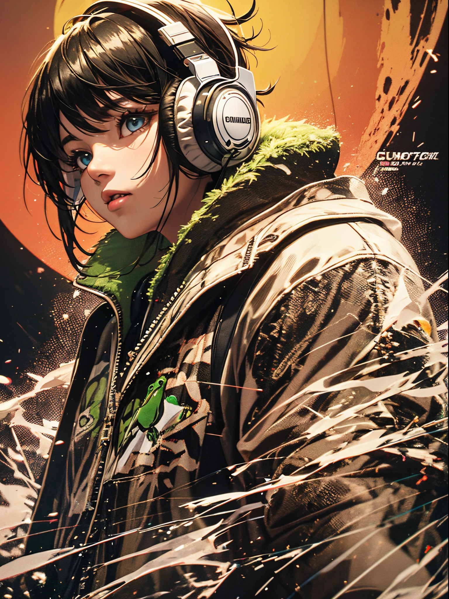 Put on headphones、Image of a frog wearing hip-hop style clothes、speakers、90s style、cinematric light, Cinema Shadow, Sharp Image, Extremely detailed,、beautiful effects,  Highly detailed image textures,   , Highly detailed image textures,