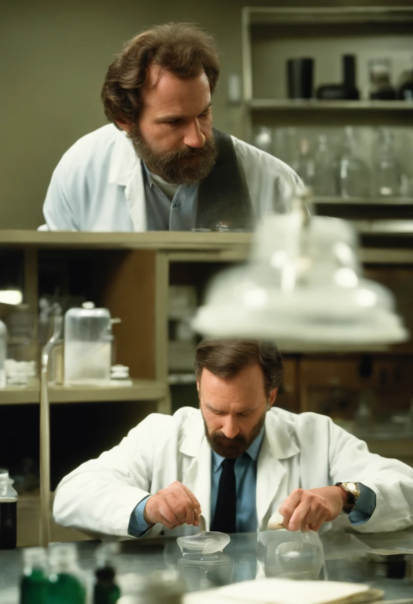 A photo of Dr. Richard Kimble meticulously analyzing forensic evidence in a makeshift lab,The Fugitive (1993),While on the run, Dr. Richard Kimble’s appearance is that of a man trying to blend in and avoid attention. He often appears disheveled, with a growing beard and unkempt hair, reflecting his life as a fugitive., male