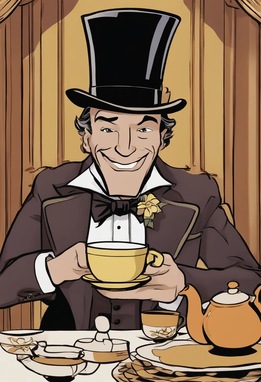 A photo of Jervis sitting at a tea party table, pouring tea from a teapot into a cup while staring intensely at the camera with a devious grin.,Batman: The Animated Series,Jervis is tall, wears a tweed suit and top hat, shoulder length curly brown hair and neat goatee. Famously portrayed by Benedict Samuel, male