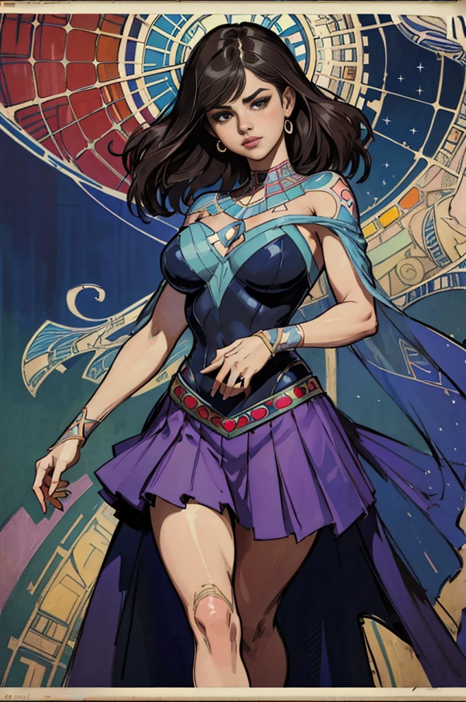 Selena Gomez、Sticking out the navel、newyork、She wears a torn Spider-Man suit,wearing skirt、abstract photorealistic、artistic、Alphonse Mucha's painting(masterpiece、top-quality、hight resolution:1.4)、detaileds、intricate-detail、4K、color splashes、line-drawing、Fibonacci、