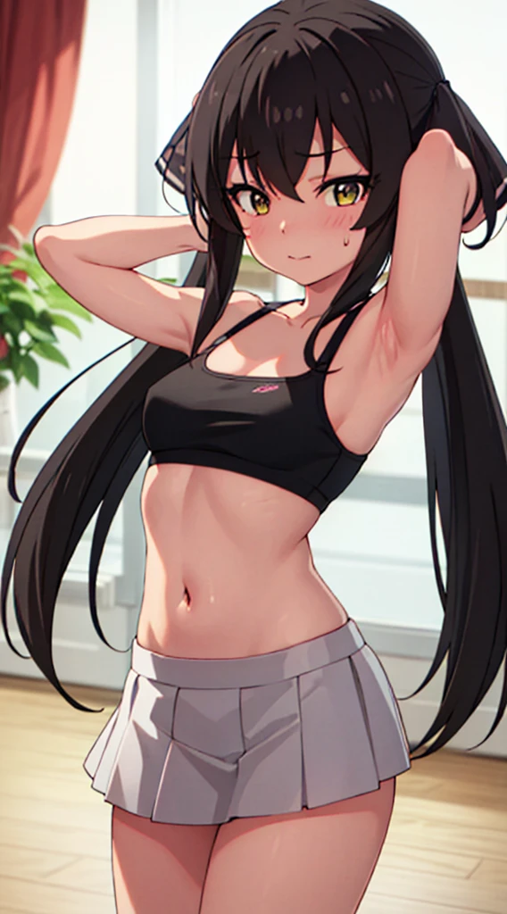 masterpiece, best quality, highres, Matoba Risa, 1girl, solo, busty, small breasts, black hair, twintail, sport bra, short skirt, looking at viewer, full body, standing, simple background, (erotic pose:1.4), blush, flustered, (panties exposed:1.3), ((arms behind head, double armpits, standing)), Half body, upper body, In the middle, symmetrical,