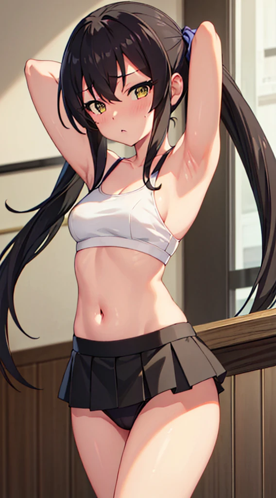 masterpiece, best quality, highres, Matoba Risa, 1girl, solo, busty, small breasts, black hair, twintail, sport bra, short skirt, looking at viewer, full body, standing, simple background, (erotic pose:1.4), blush, flustered, (panties exposed:1.3), ((arms behind head, double armpits, standing)), Half body, upper body, In the middle, symmetrical,