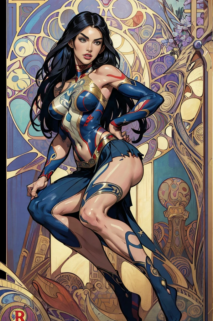 Megan fox、Sticking out the navel、newyork、She wears a torn Spider-Man suit,wearing skirt、abstract photorealistic、artistic、Alphonse Mucha's painting(masterpiece、top-quality、hight resolution:1.4)、detaileds、intricate-detail、4K、color splashes、line-drawing、Fibonacci、