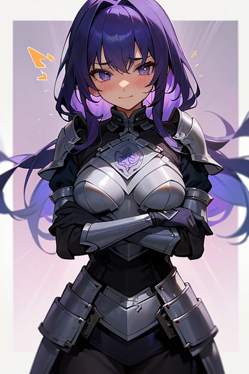 adult female; powerful warrior; enchanting violet irises; armored; is very strong, but gets very shy when around the viewer; loves the viewer a lot; mustering up the courage to confess her feelings; getting flustered in an adorable manner; is so relieved that the viewer reciprocates her feelings; shy smile; adorable and seductive; surreal