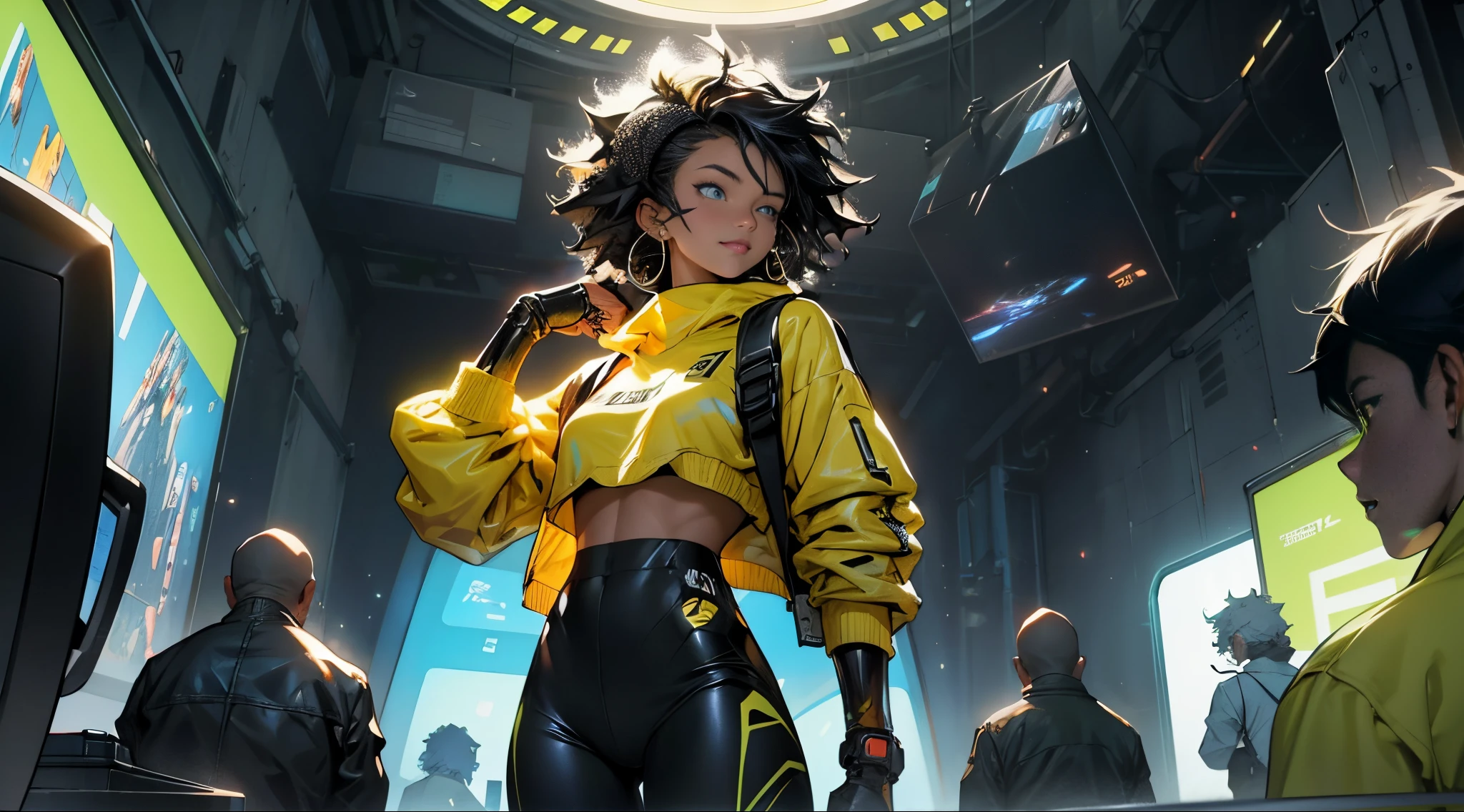 RAW, Masterpiece, Super Fine Photo, Ultra High Resolution, Photorealistic, Sunlight, Full Body Portrait, Stunningly Beautiful, Dynamic Poses, Delicate Face, Vibrant Eyes, solo, diverse group of friends, solo, deep ebony 1girl, black girl, beautiful face, curly afro hair, black lips, a female character is wearing a yellow and black colored top outfit with a backpack and a yellow hoodie jacket, black, yellow and white sports leisure, yellow futuristic smart goggles, clear lens, green eyes, leggings pants, long hair, diamond earrings, cybernetically enhanced, A group of close friends chatting in an office break room. Focus on a young woman with curly black hair wearing a stylish yellow and black top. She smiles vibrantly surrounded by her supportive friends, having an uplifting conversation. Composition shows their tight-knit community and positive energy through body language and bright, welcoming colors, and a yellow hoodie jacket, black, yellow and white sports leisure, yellow futuristic smart goggles, clear lens, green eyes, leggings pants, long hair, diamond earrings, cybernetically enhanced, she is standing in front of spaceships and satellites, starry night sky, pigeoncore, neo-dadaist, Asuka Langley, neon genesis EVA suit, mechanized precision, space crew member, she holds an important position, in crowd spectator at a tech conference in the style of mecha sci-fi anime, 8k, best quality, highres, Unreal Engine:1.4,Ultra-realistic 64K CG, Photorealista:1.4, Skin Texture:1.4, Volumetric fog, 8k uhd, dslr, high quality, film grain, fair skin, photorealism, lomography, sprawling metropolis in a futuristic dystopia, translucent, safe for work