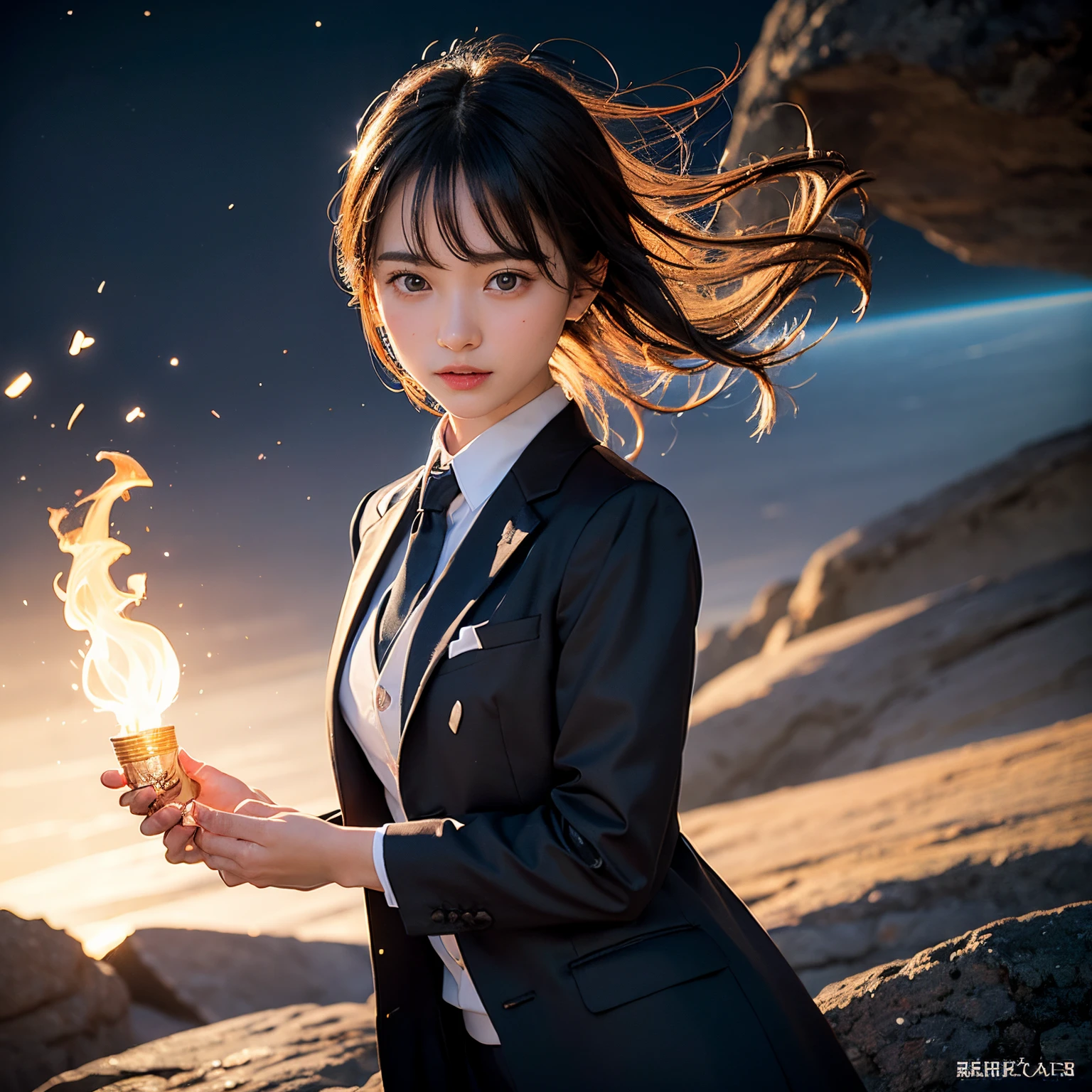 (masutepiece, Best Quality:1.2), 8K, Official art, Full body photo, full body Esbian、Emma fastening her tie. wear a robe and cloak、Beautiful barefoot woman with dark hair floating in the air, Bright lava light rises above the broken Earth from beneath the asteroid belt(Jagged rock rocks and fragments shot into the air:1.3) (Storm of windy dust debris:1.1) Volume fogmist by trace Z、It can allow bright light from below to pass through、 (masterpiece) (top-quality) (detaileds) (8K) (电影灯光) (foco nítido) (Convoluted)
Embarrassing black hair、14years、small tits、A delightful、A smile、unbelievable Ridiculous, (Beautiful girl with upper body, Pretty Face, arching back down, cute butt、Gold hair ornament on hair、Wearing a cute suit、close up, Wearing a suit, Short sleeve, gardenia, violaceaess, Teen, space system, Looking at Viewer, Film grain, chromatic abberation, Sharp Focus, face lights, Dynamic lighting, Cinematic lighting, Eyes and faces with detailed, Bokeh background, (Tie with Emma written on it、1 copy:1.2)