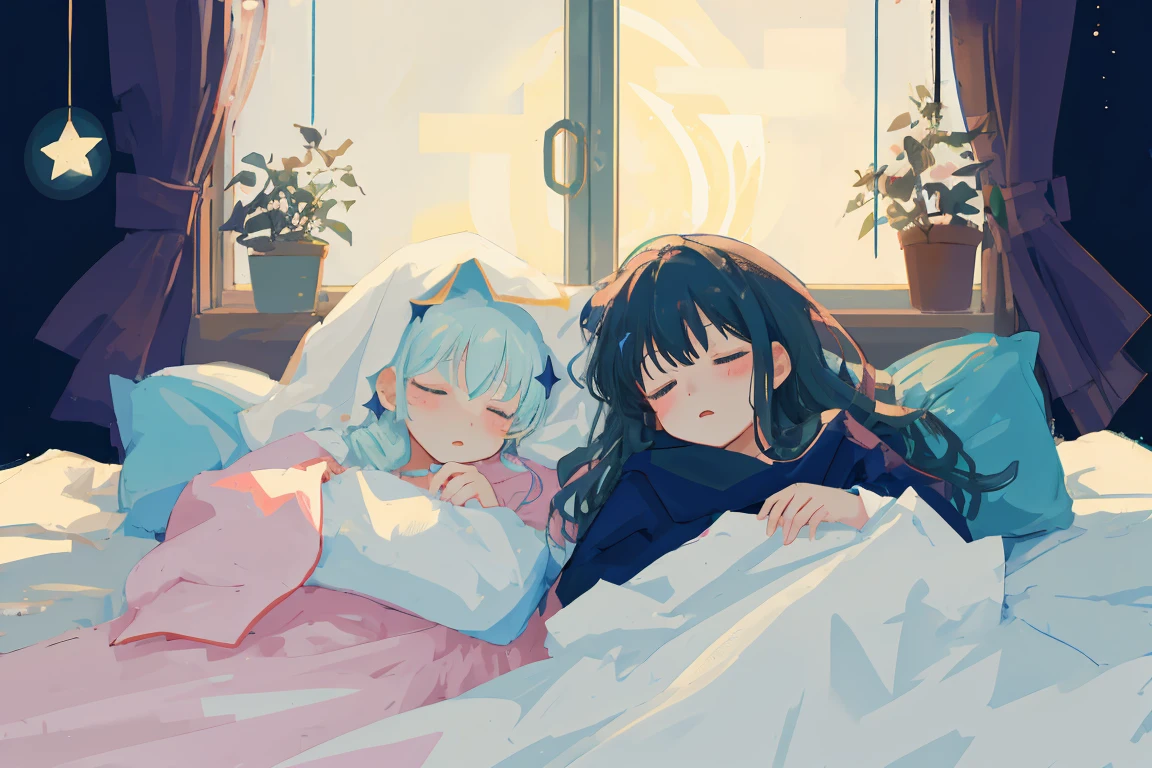 (2girls), (detailed face), lying, blanket, sleeping, night, moon, closed eyes, stars, window, bed, close-up