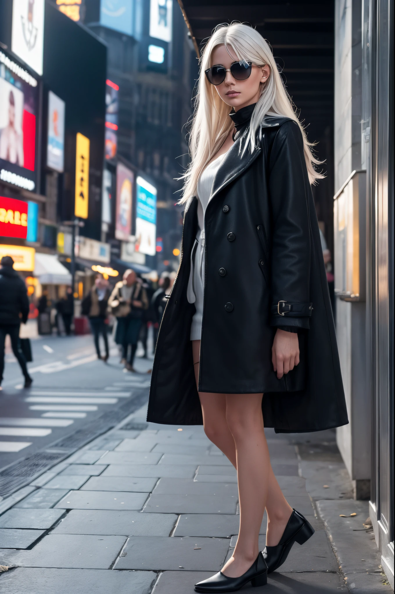 White hair, White hair, glowing hair, Detailed hair, Messy hair, Blue Eyes, beautidful eyes, extremely detailed eyes and face, Beautiful detailed eyes, Ultra-detailed, light on the face, Fair skin, a 18 year old girl, Arafe(Arafe) Swedish female model walks down a busy city street in a dress....., Fashion model ratio, model poses, sunglasses that shed tears, digital art, In Paris, standing in paris, Street photography in 4x5 style, Street Photography, street photography style, Filmed with Hasselblad, Filmed in Hasselblad, ((Anamorphic lenses)), (lens flares), chanel advertising, In Times Square, Street Photography, Street Photography, kodak 400tx, mesmerizing, (Low Key), (full body view:1.4), detailed, s whole body, Perfect nose, Detailed nose, Beautiful Nose