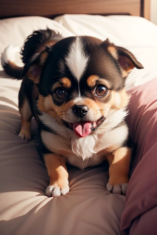 A  dog with a bone in mouth his mouth lying down on a bed