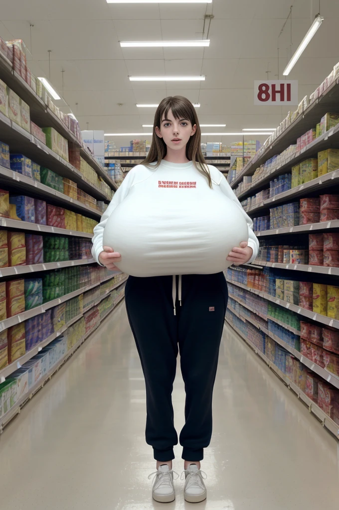 18 years old, young American girl, Anne Hathaway, (long legs:1.1), (tall:1.3), thin, slim, (very long hair:1.2), old grocery store, store shelves, sweatshirt, sweat pants, clothed, sneakers, (massive enormous gigantic colossal breasts:1.4), 8k uhd