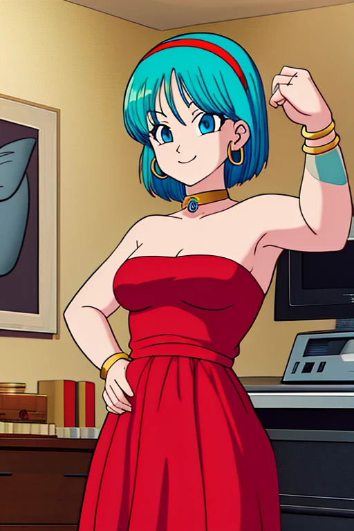 akiratoriyama art style, blue eyes, smile, one girl, aqua hair, teenager, aqua medium hair, bob hair, red hairband on top, medium breasts, little red dress, strapless dress, short bodycon dress, skin-tight dress, choker, gold hoop earrings, gold bracelet, bedroom, solo