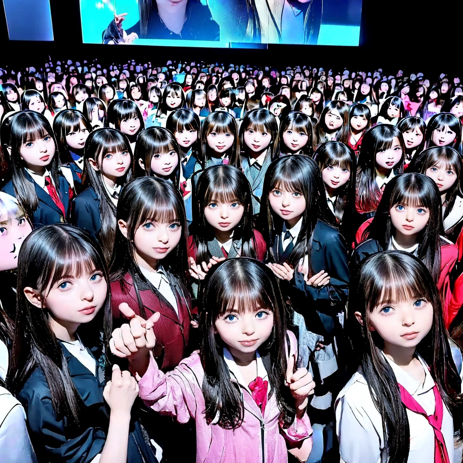 Raw photo、(((multiple girls))),((((6+girls)))),((((100girls)))),(((1000girls)))、((((100 Girls))))、(((crowd shot))),Women only、The same face、School Uniform、、Long black hair、100 cute girls、ssmile、Selfie stick、‎Classroom、(((Large group)))、a junior high  student