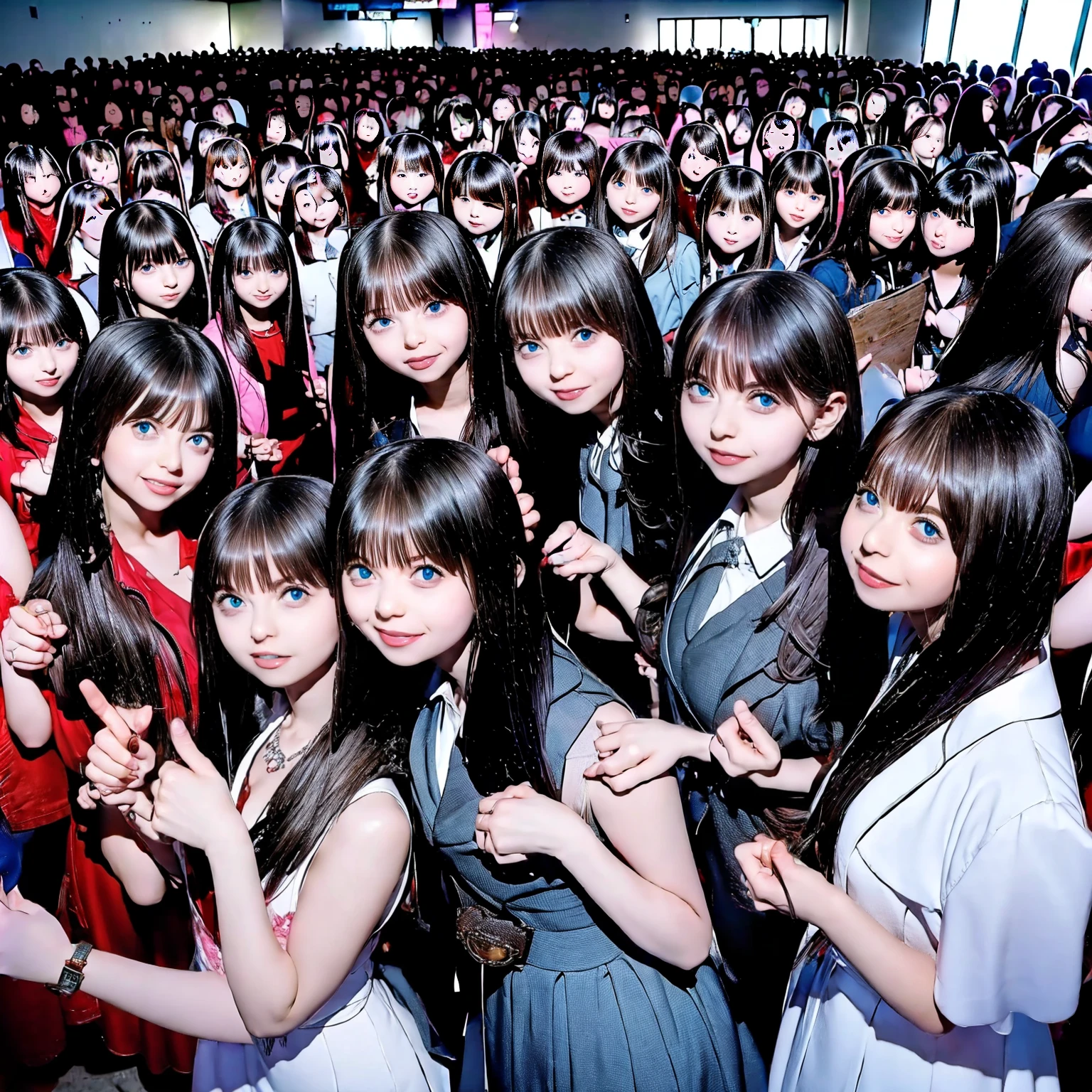 Raw photo、(((multiple girls))),((((6+girls)))),((((100girls)))),(((1000girls)))、((((100 Girls))))、(((crowd shot))),Women only、The same face、School Uniform、************、Long black hair、100 cute girls、ssmile、Selfie stick、‎Classroom、(((Large group)))、a junior high school student