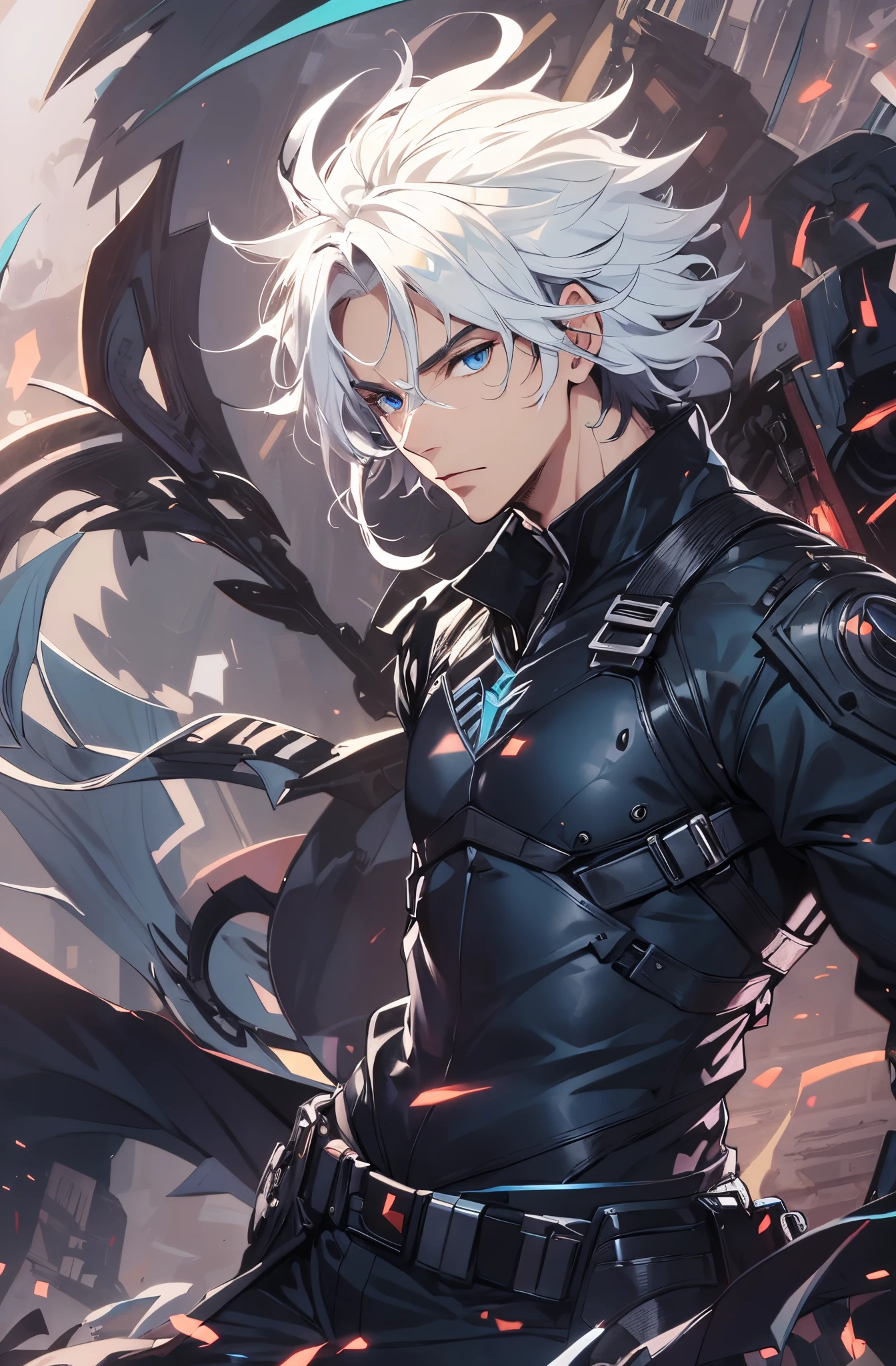 1man, handsome, wild white hair, blue eyes, wearing combat suit, masterpiece, 4k, top quality, highly detailed, official art